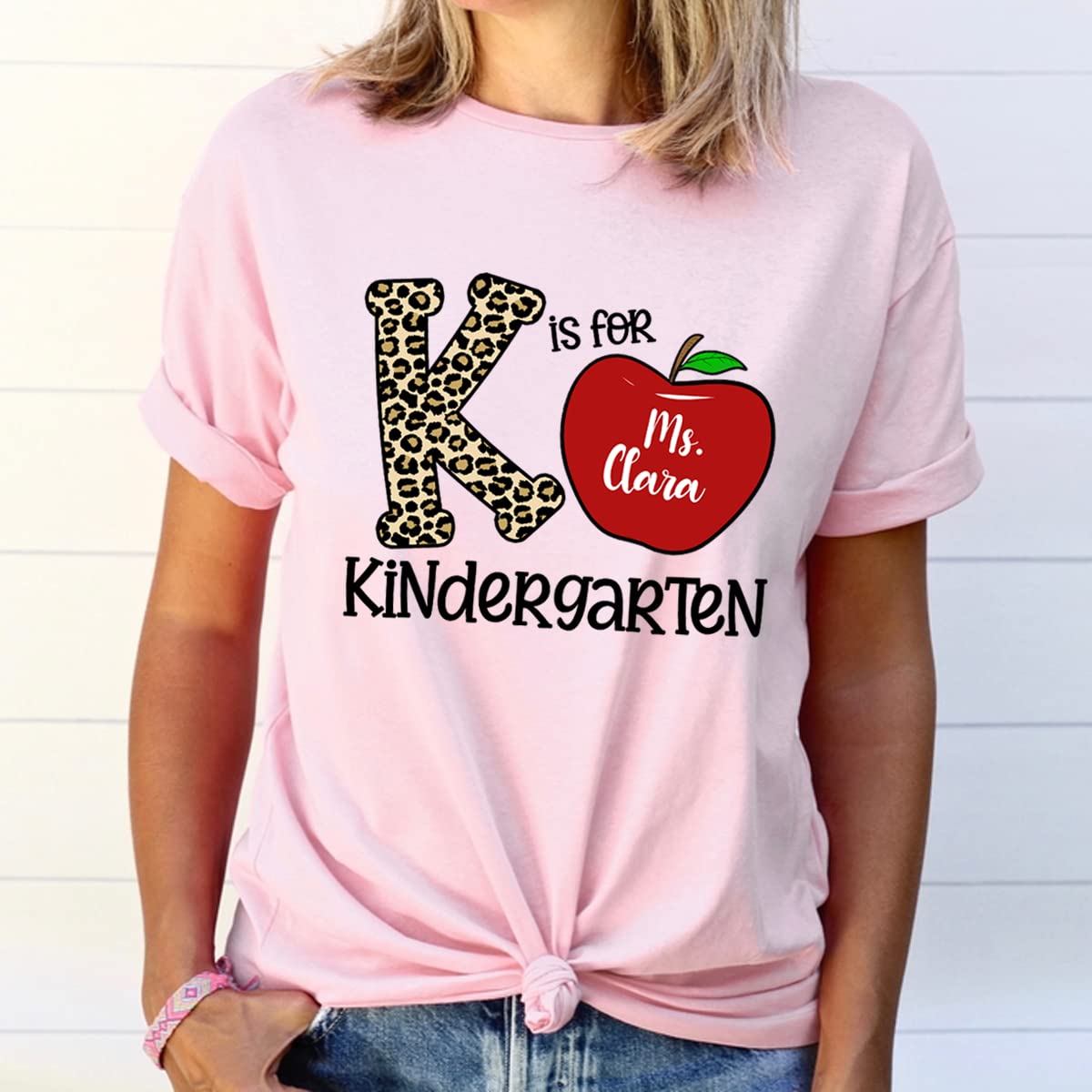 Custom 'K is for Kindergarten' Personalized Teacher Name Shirt - Teacher Appreciation Gift, Hello Pre-K Back to School T-Shirt with Name - Perfect for First Day of School, Classroom Photos & Teacher Gifts