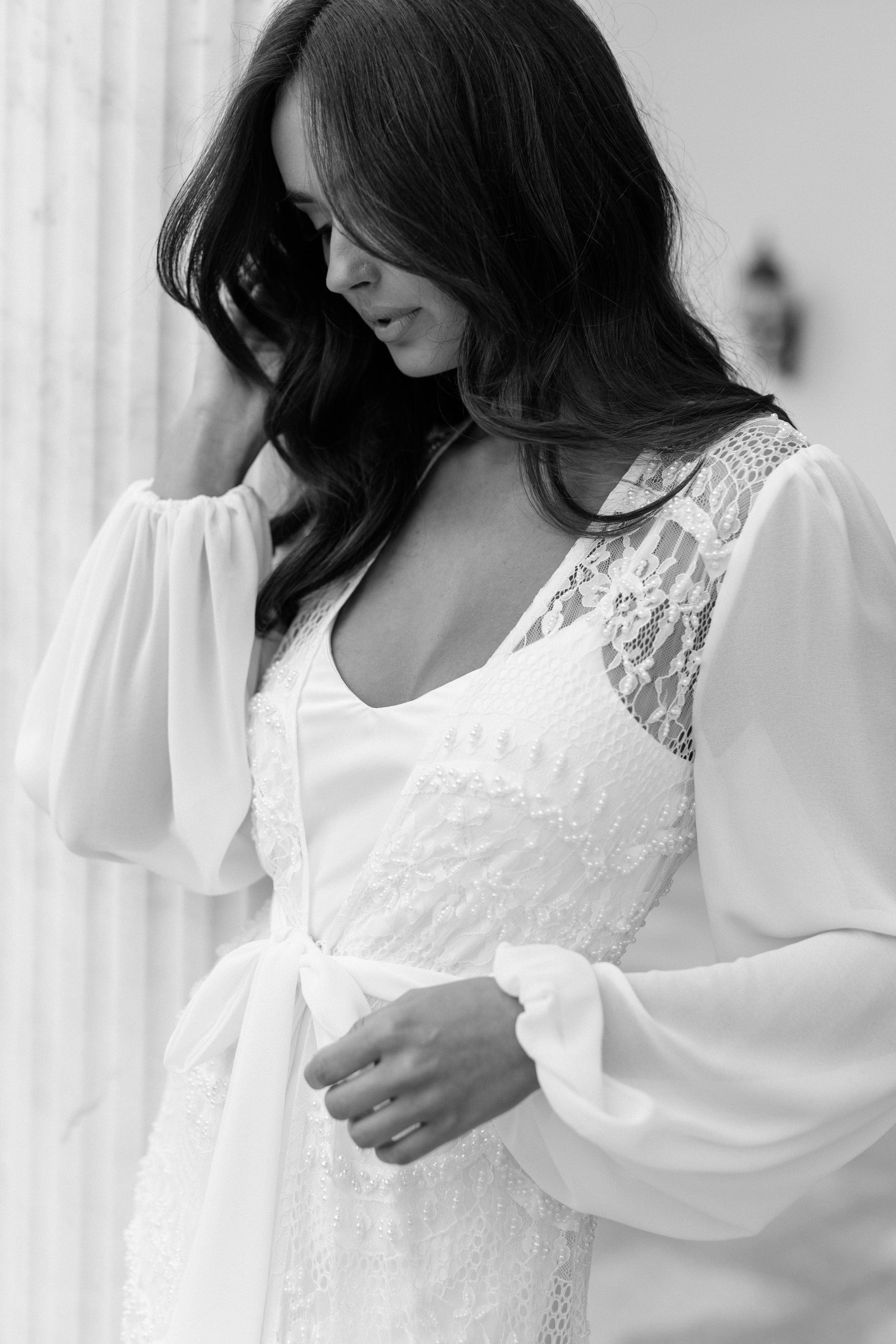 Elegant Hand-Beaded Pearl Maxi Bridal Robe with Slip - Perfect for Wedding, Bridal Shower & Honeymoon Getaway