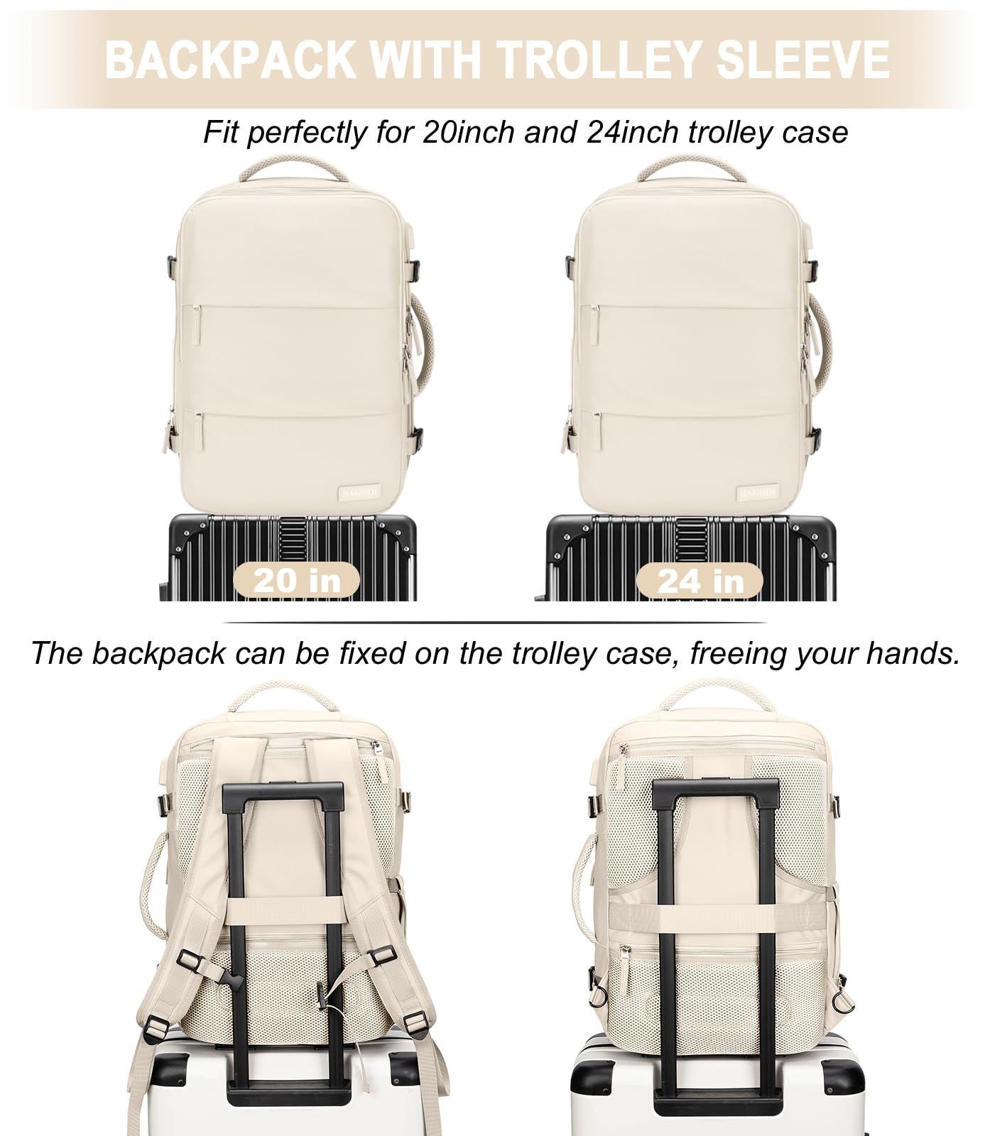 **Extra Large Expandable Carry On Backpack - TSA Approved Water Resistant Lightweight Travel Backpack for Men & Women - Perfect for Airplane, Weekender & Day Trips (Beige with 4 Packing Cubes Included)**