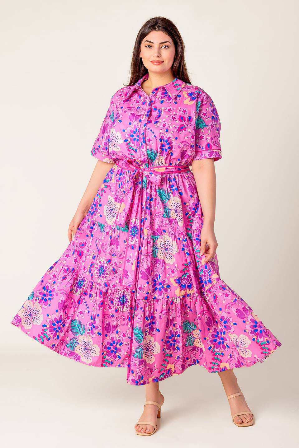 Pink & Purple Floral Midi Dress for Women - Elegant Petal Press Design - Perfect for Spring, Summer, Weddings & Special Occasions