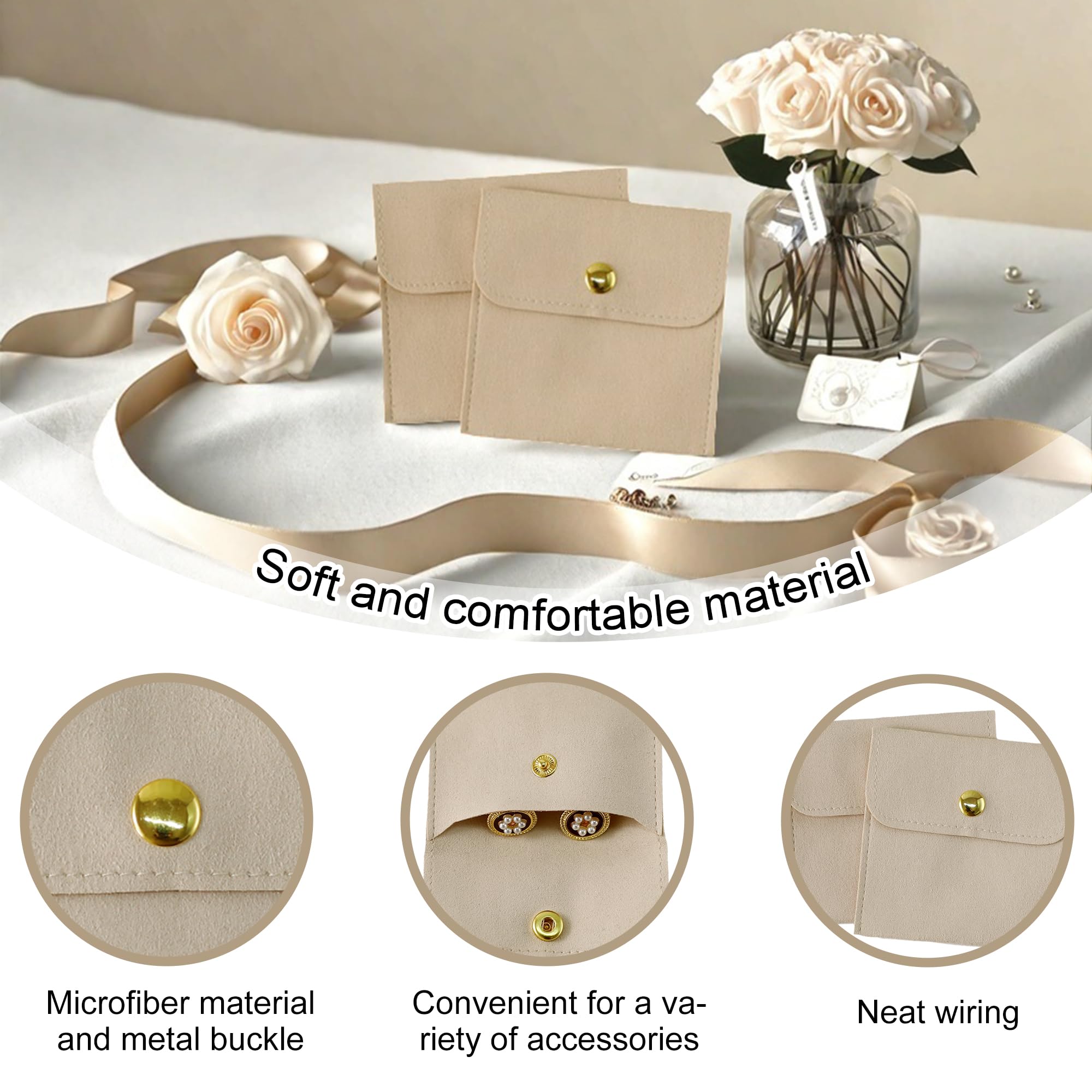 40pcs Ivory Microfiber Jewelry Pouch Button Closure Bag 8x8cm - Luxury Jewelry Packaging, Small Gift Bags for Earrings, Necklaces, Bracelets & Rings - Perfect for Wedding Favors, Bridesmaid Gifts & Jewelry Storage