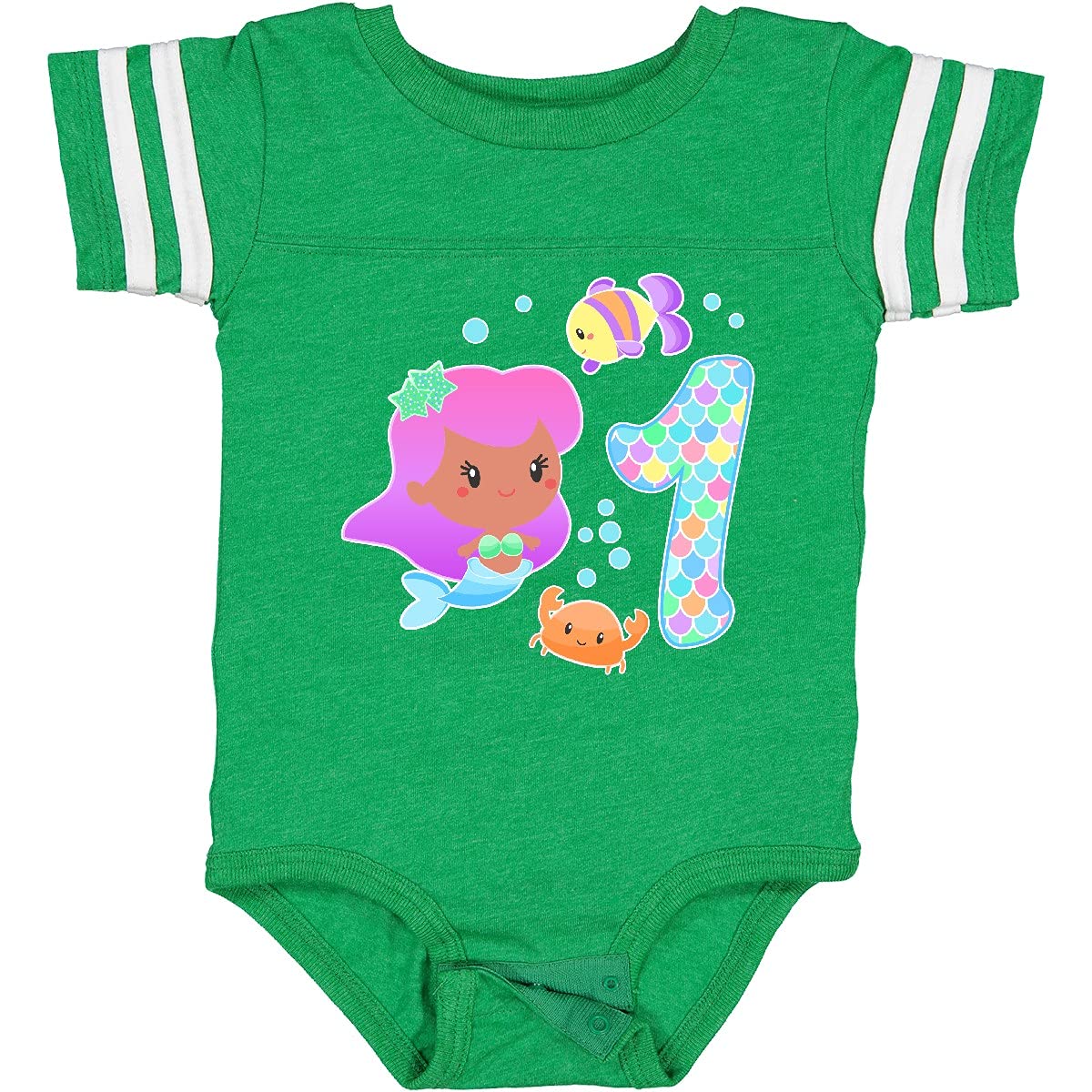 Inktastic First Birthday Mermaid with Fish and Crab Baby Bodysuit - Cute 1st Birthday Outfit for Girls, Soft Cotton Infant Onesie - Perfect for Birthday Parties, Photo Shoots & Special Occasions