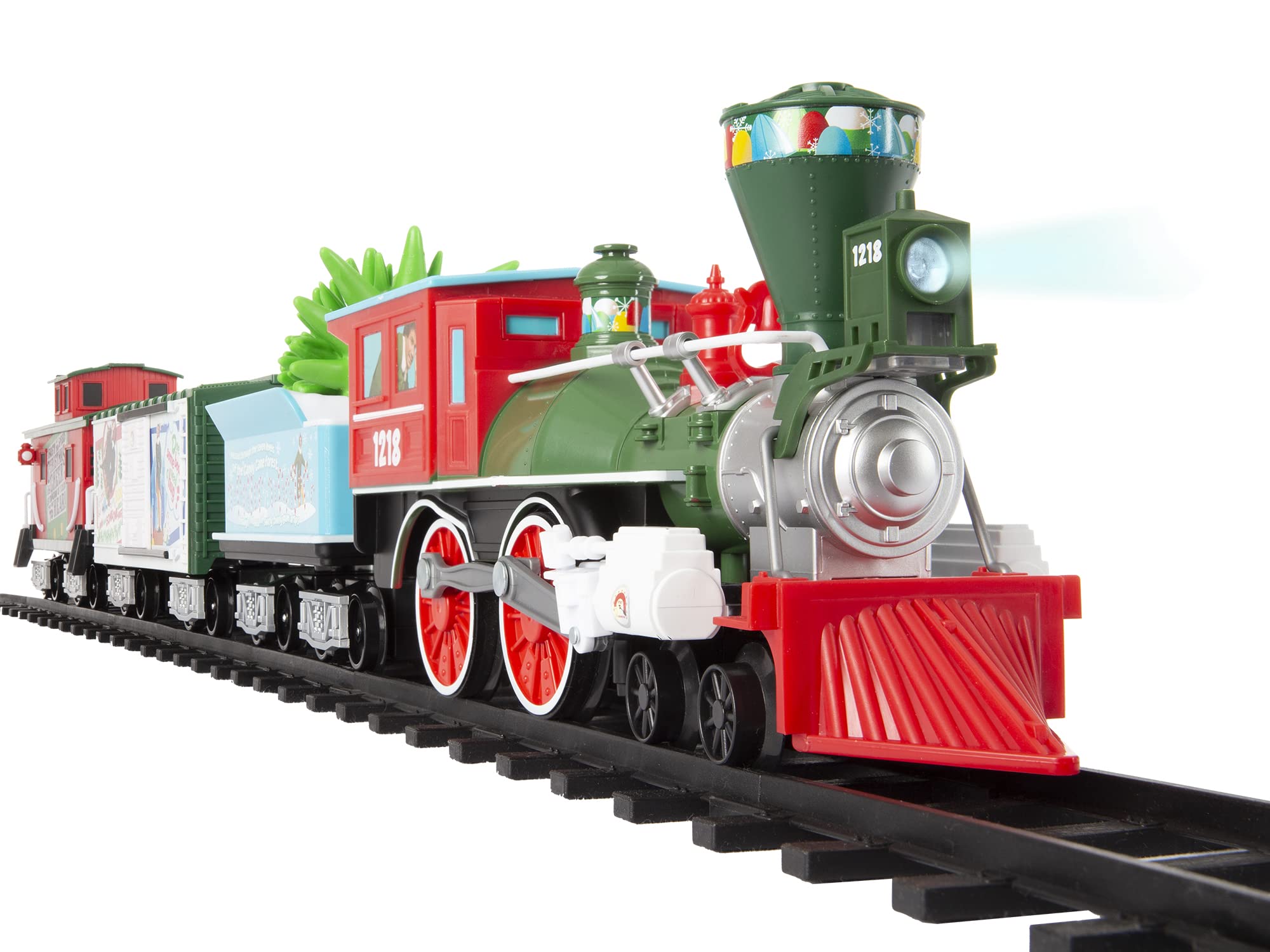 Lionel Battery-Powered Elf Toy Train Set with Locomotive, 4 Train Cars, 8-Piece Track & Remote Control - Realistic Train Sounds & LED Lights for Kids Ages 4+ | Perfect for Christmas Decorations, Birthday Gifts & Holiday Playtime