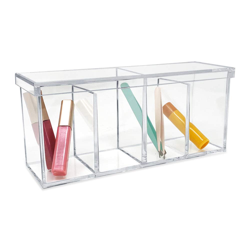 Isaac Jacobs 2-Pack Clear Acrylic Makeup Brush Organizer with Lid - 4 Compartment Sectional Storage Tray for Cosmetics, Jewelry, Office Supplies & Crafts (9”x3”x4”) - Perfect for Vanity, Bathroom & Desk Organization