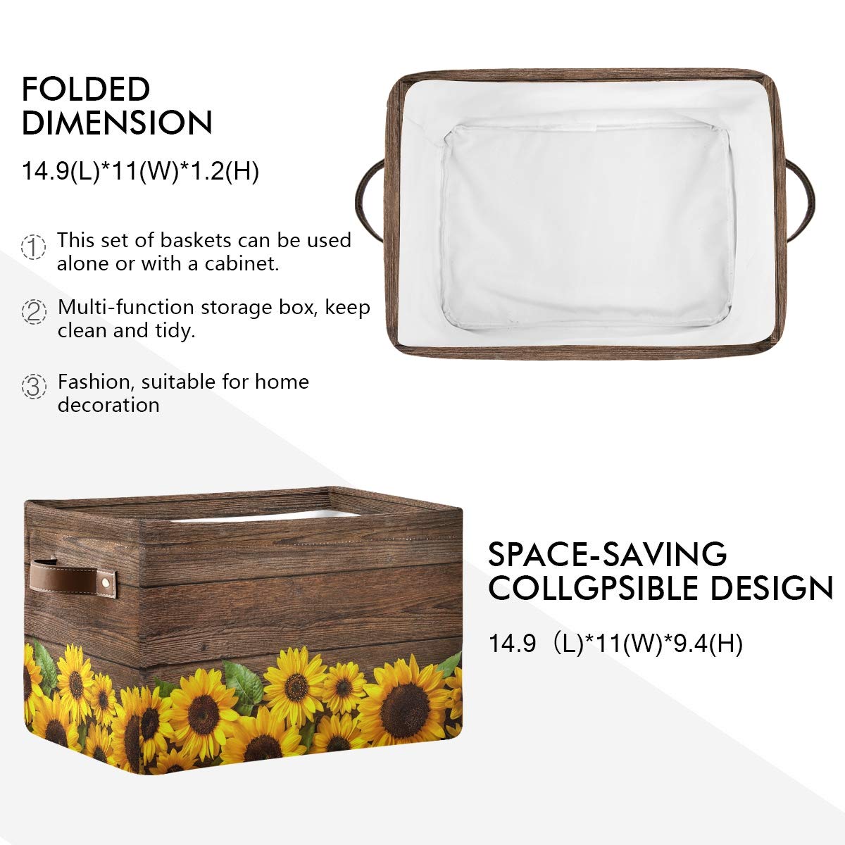 Floral Sunflower Collapsible Storage Basket with PU Leather Handles - Foldable Fabric Bin for Toys, Wardrobe & Closet Organization - Perfect for Nursery, Playroom & Home Decor Storage Solutions