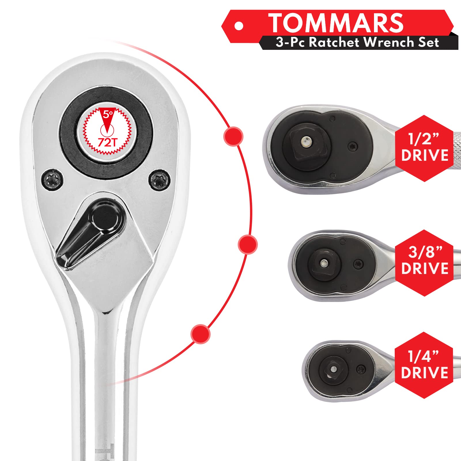 TOMMARS 72-Tooth Ratchet Socket Wrench Set - 1/4