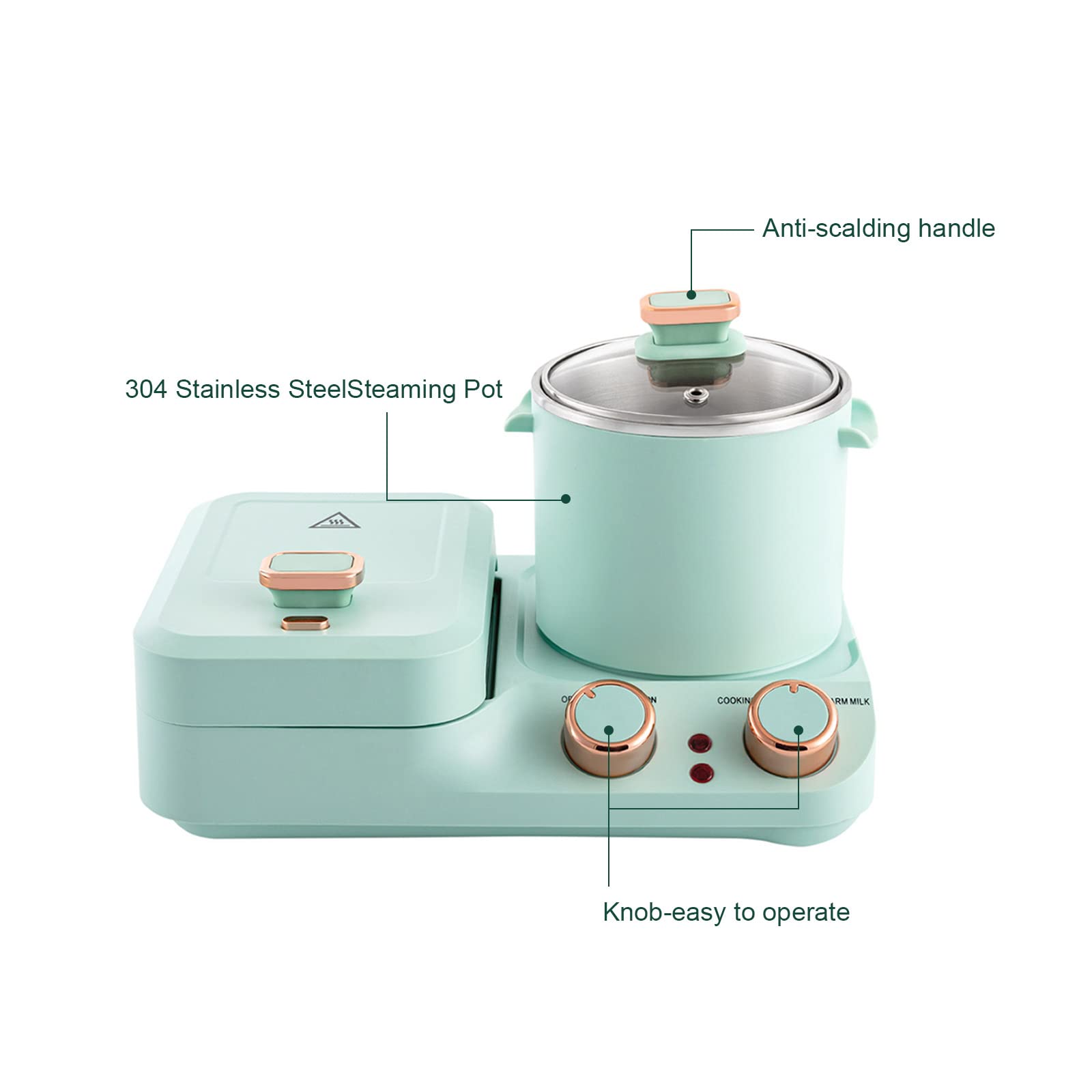 LOYALHEARTDY 3-in-1 Breakfast Station - 110V Electric Mini Toaster, Sandwich Maker with Soup Pot & Frying Pan - Perfect for Quick Breakfast, Small Kitchens & Dorms - Includes Glass Lid for Home Use