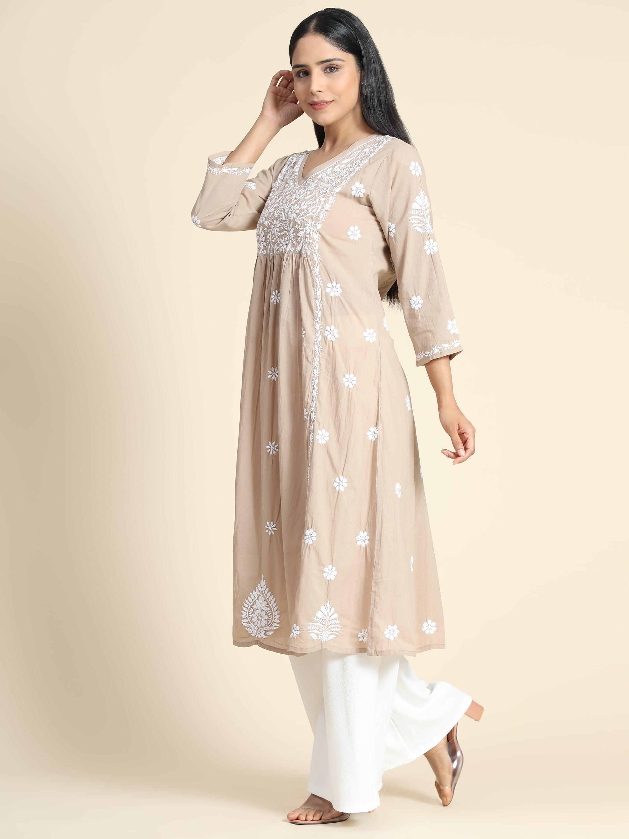 HOK Chikankari Kurti for Women - Beige Embroidered Cotton Tunic Top | Traditional Indian Ethnic Wear for Casual Outings & Festive Occasions
