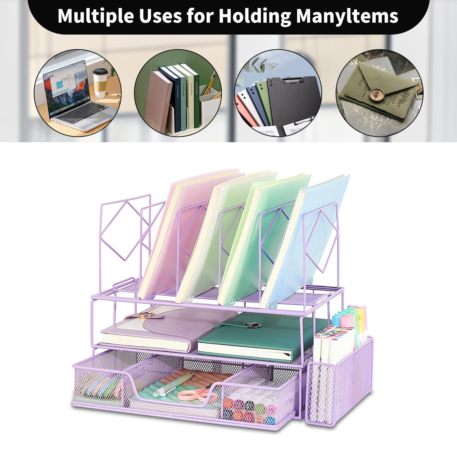 Youbetia Purple Desk Organizer with Pencil Holder, Drawer & Double Tray - 5 Upright Sections for Office Supplies Organization - Perfect for Home Office, School & Workspace Accessories