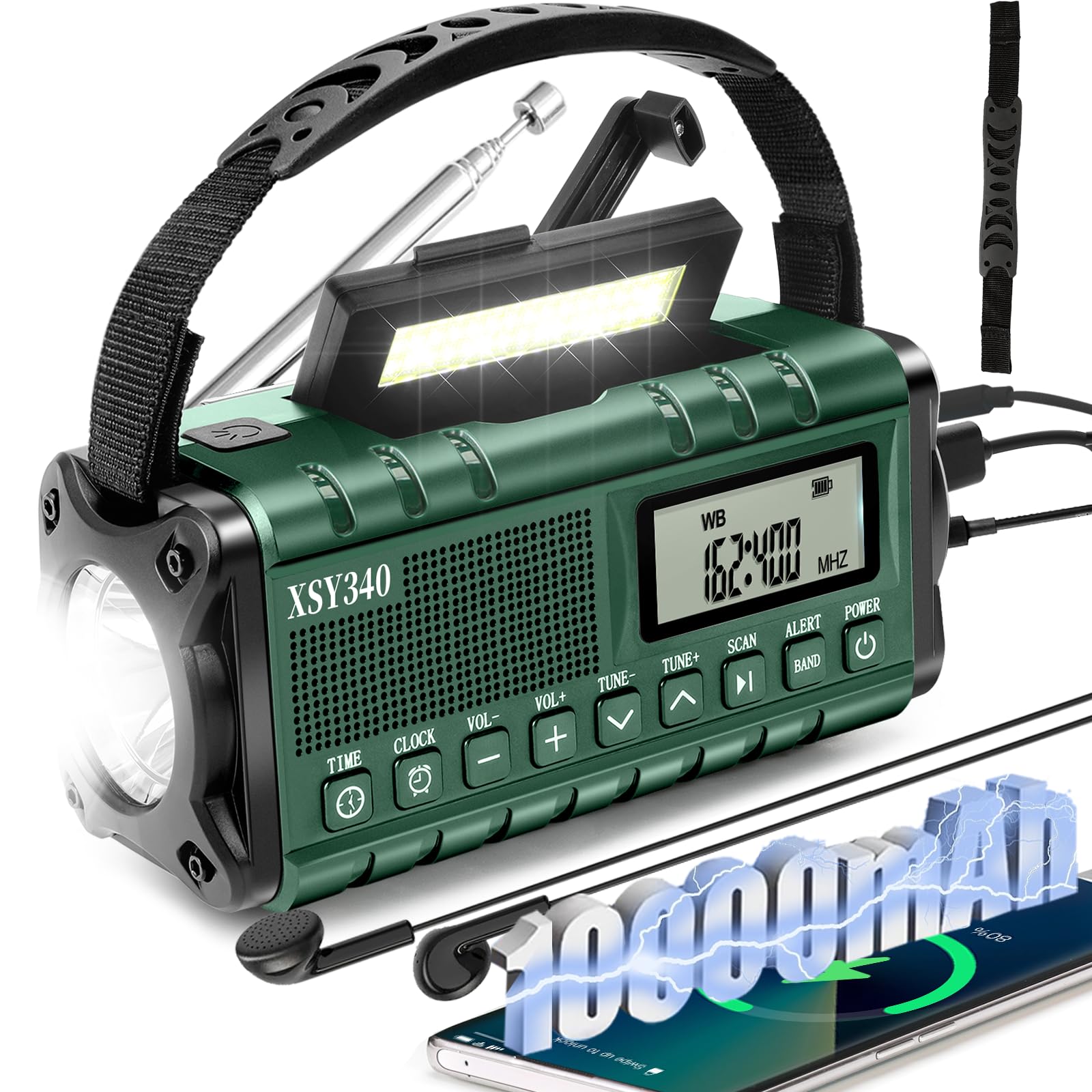 Emergency Weather Alert Radio - AM/FM/NOAA Portable Radio with Hand Crank, Solar & USB-C Charging, 10000mAh Power Bank, Battery Backup, Phone Charger, LCD Display with Clock & Alarm, 3W Flashlight & Reading Lamp, SOS Survival Kit for Camping, Hiking & Emergency Preparedness