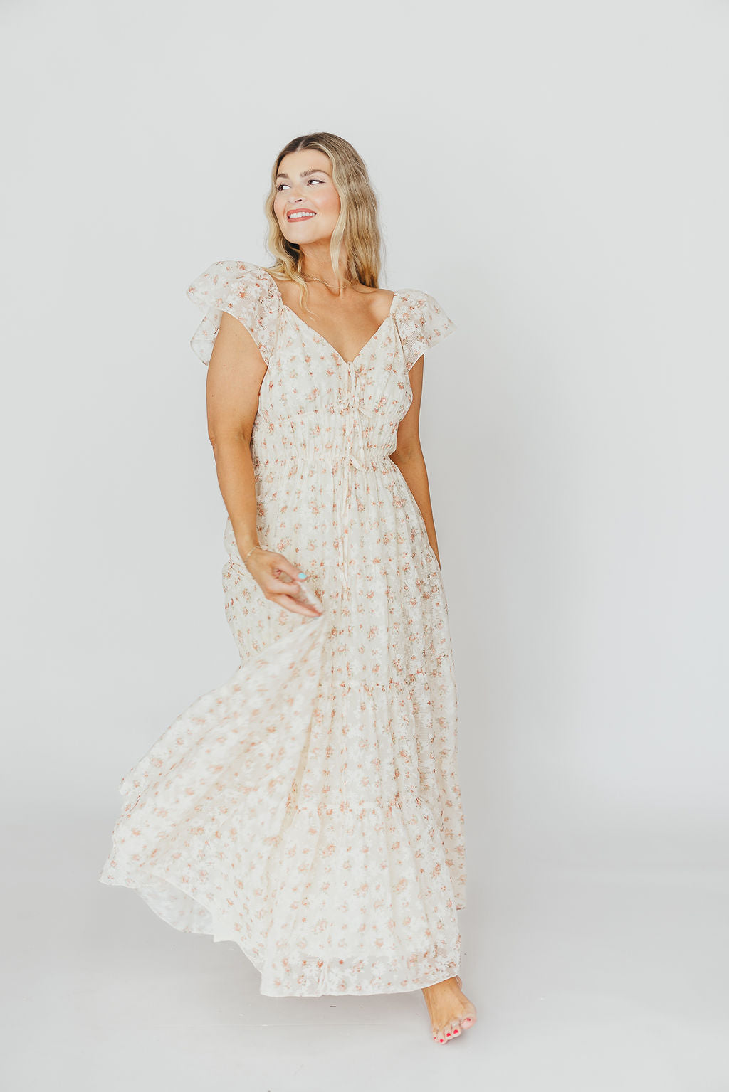 Elegant Floral & Gingham Ruffled Maxi Dress for Women - Cream Peach Summer Dress, Boho Chic Beach Wedding Guest Outfit, Perfect for Vacations & Outdoor Parties