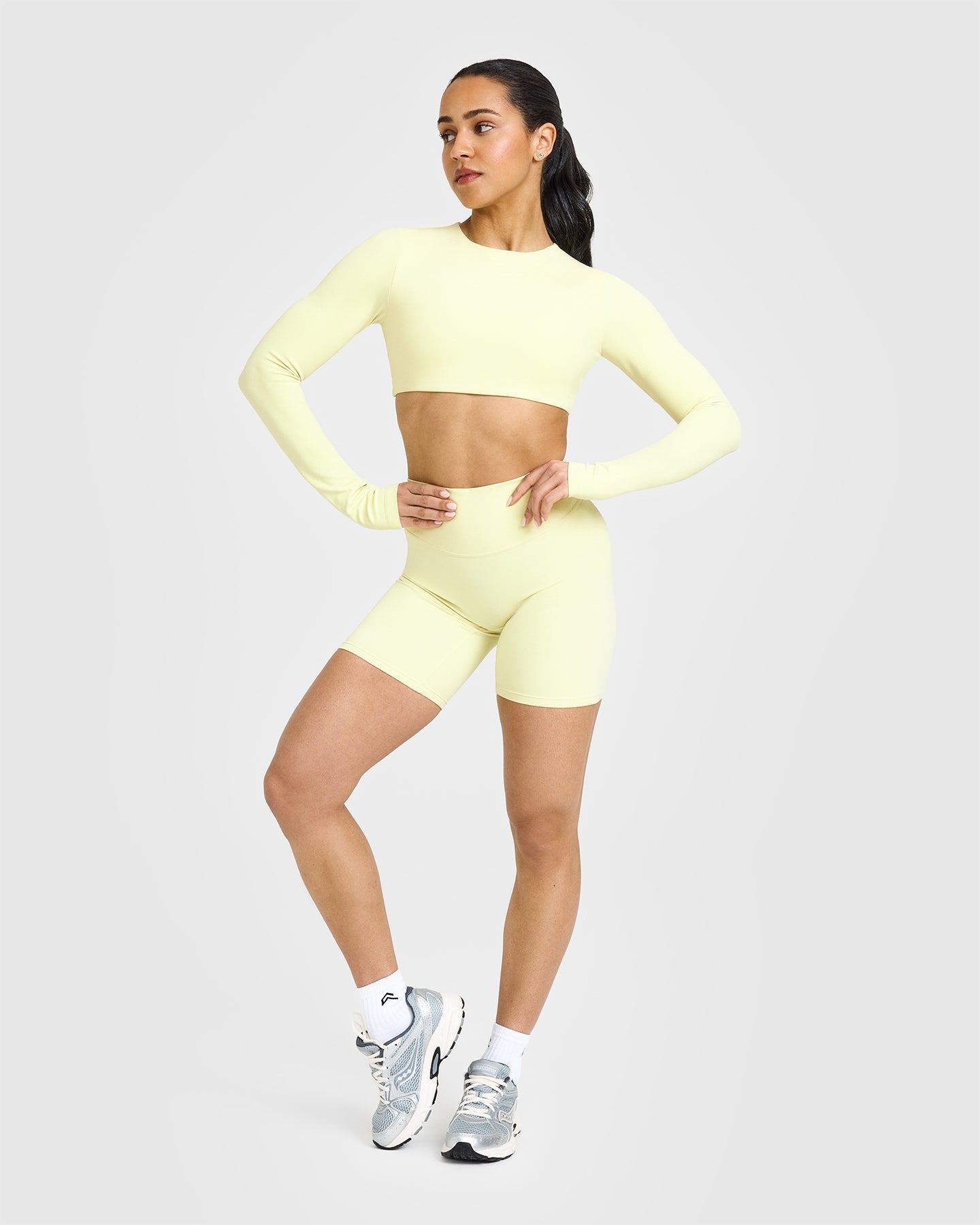 SoftMotion™ Long Sleeve Crop Top for Women - Stretchy Comfort Fit Pastel Yellow Shirt | Perfect for Yoga, Workouts & Casual Wear