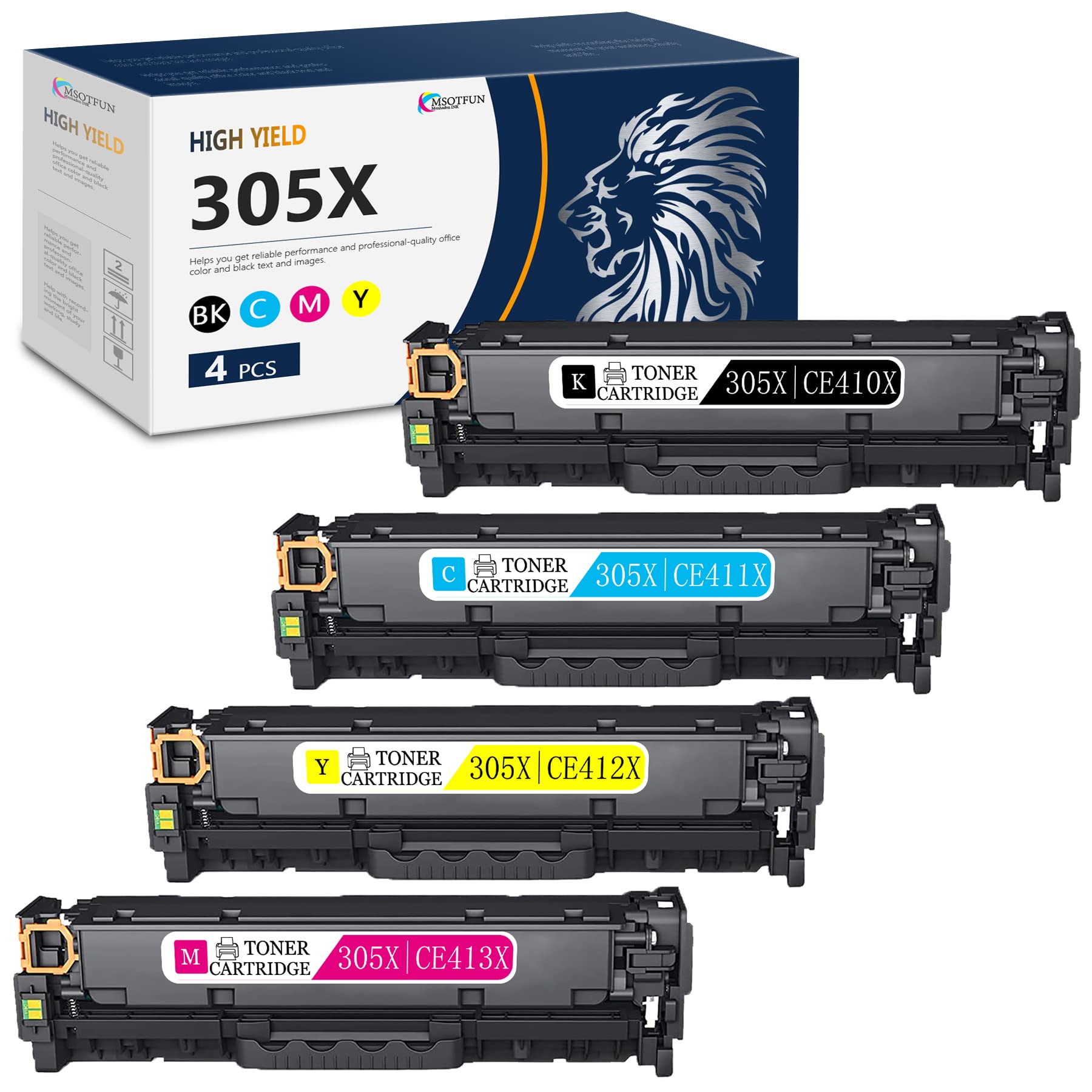 MSOTFUN 4-Pack Compatible Toner Cartridge Replacement for HP 305X CE410X CE411X CE412X CE413X - Works with HP Color M351a M451nw M451dn M451dw MFP M475dn M475dw M375nw Printers (1BK+1C+1M+1Y) - Perfect for Office & Home Printing, High-Quality Color Documents & Photos