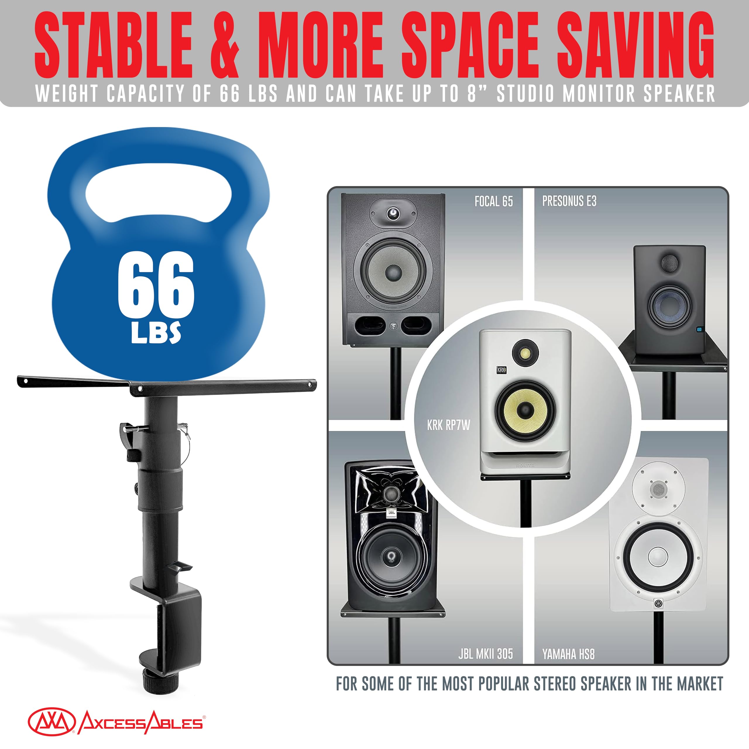 AxcessAbles Adjustable Clamp-On Studio Monitor Speaker Stands (Pair) - Height Adjustable Desk Mount for Studio Monitors & Bookshelf Speakers | Perfect for Home Studios, Gaming Setups & Office Workspaces