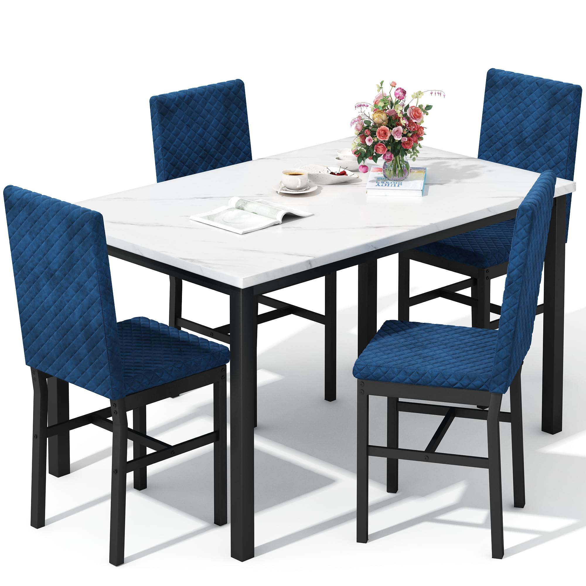 DKLGG 4-Piece Dining Table Set - Faux Marble Kitchen Table with 4 Velvet Upholstered Chairs, Compact Space-Saving Design for Apartments & Small Homes (White & Blue) - Perfect for Breakfast Nooks, Studio Apartments & Cozy Dining Areas