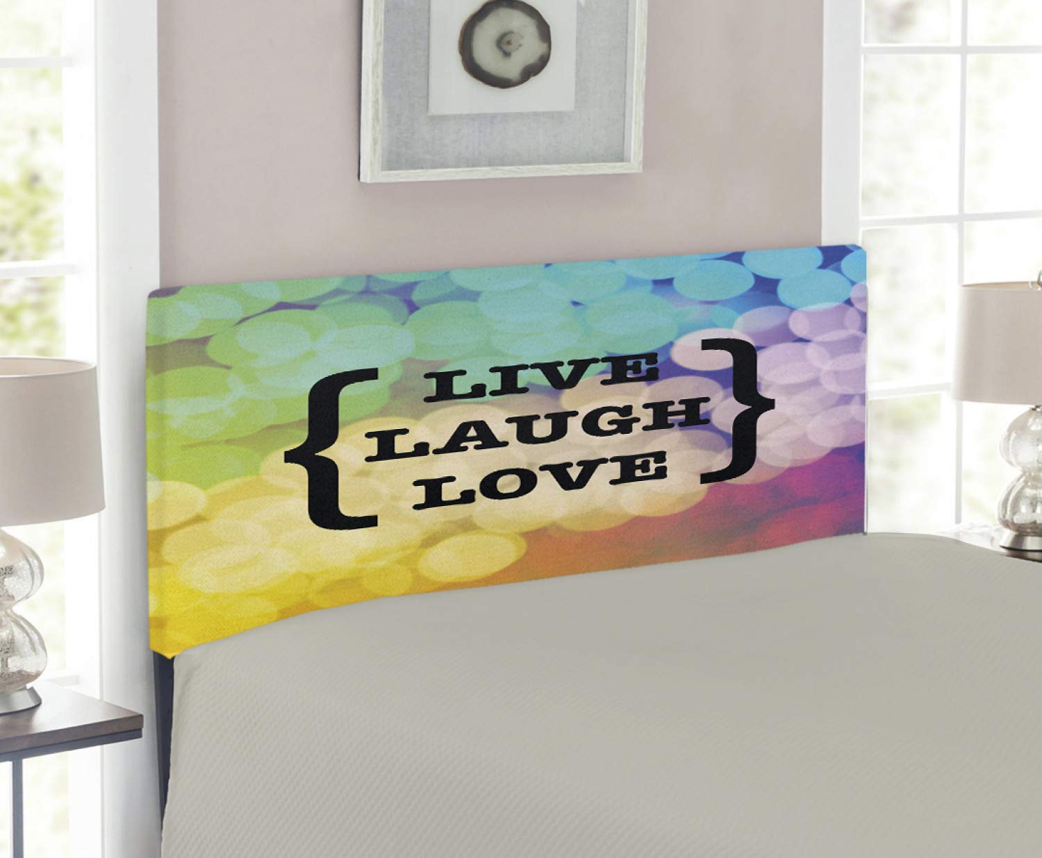 Ambesonne Live Laugh Love Upholstered Headboard - Colorful Retro Dots Design, Twin Size Metal Bed Frame with Memory Foam (Multicolor) - Perfect for Teen Bedrooms, Dorm Decor & Cozy Bedroom Makeovers