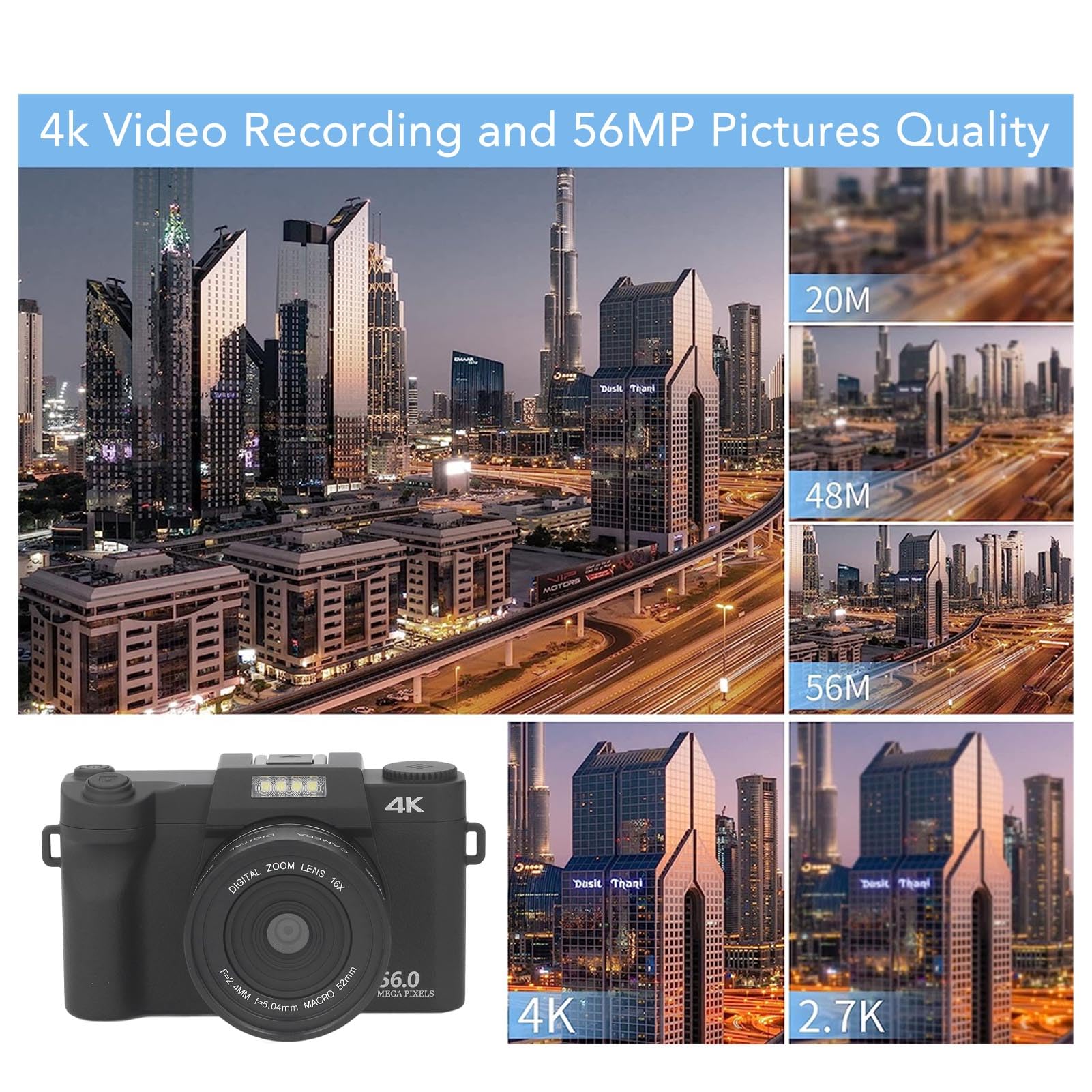 4K YouTube Vlogging Camera with 16X Zoom & 56MP Autofocus - Compact Digital Camera for Travel Photography, Vlogging & Content Creation - Perfect Gift for Teens & Beginners (Ideal for Vacations, Daily Vlogging & Social Media Content)