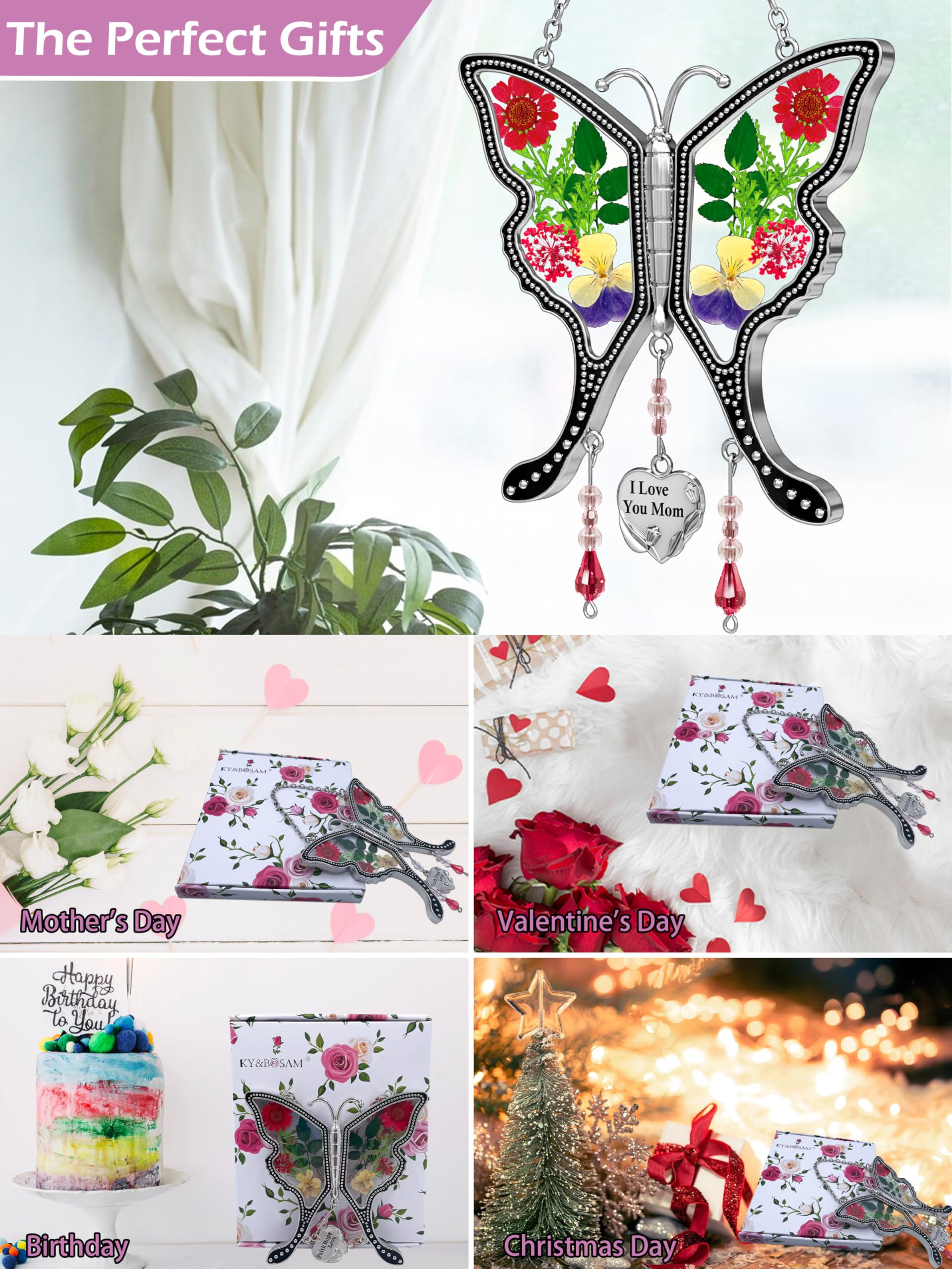 KY&BOSAM Real Flower Pressed Butterfly Suncatcher - Stained Glass with Silver Heart Charm, Unique Mother's Day Gift, Birthday Present for Mom, Valentine's Day Keepsake | Window Decor, Home Garden Ornament, Thoughtful Gift for Wife & Grandma