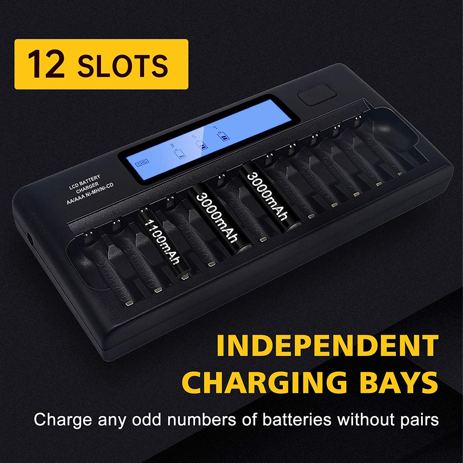 Tenberly 12 Pack AA 3000mAh Ni-MH Rechargeable Batteries with Smart LCD Charger - High Capacity 1.2V AA Batteries for Digital Cameras, Game Controllers & Home Electronics - Includes 12 Slot AA/AAA Battery Charger
