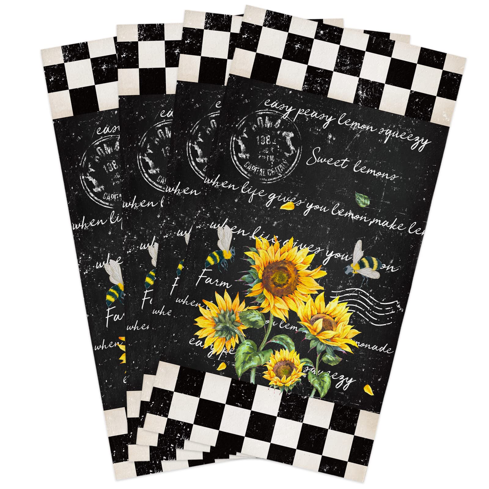 **Sunflower Kitchen Towels Set of 4 - Soft Absorbent Microfiber Dish Towels for Thanksgiving & Everyday Use - Yellow Buffalo Plaid Hand Towels for Kitchen & Bathroom - Fast Drying & Reusable - Perfect for Holiday Decor, Dish Drying & Hand Wiping**