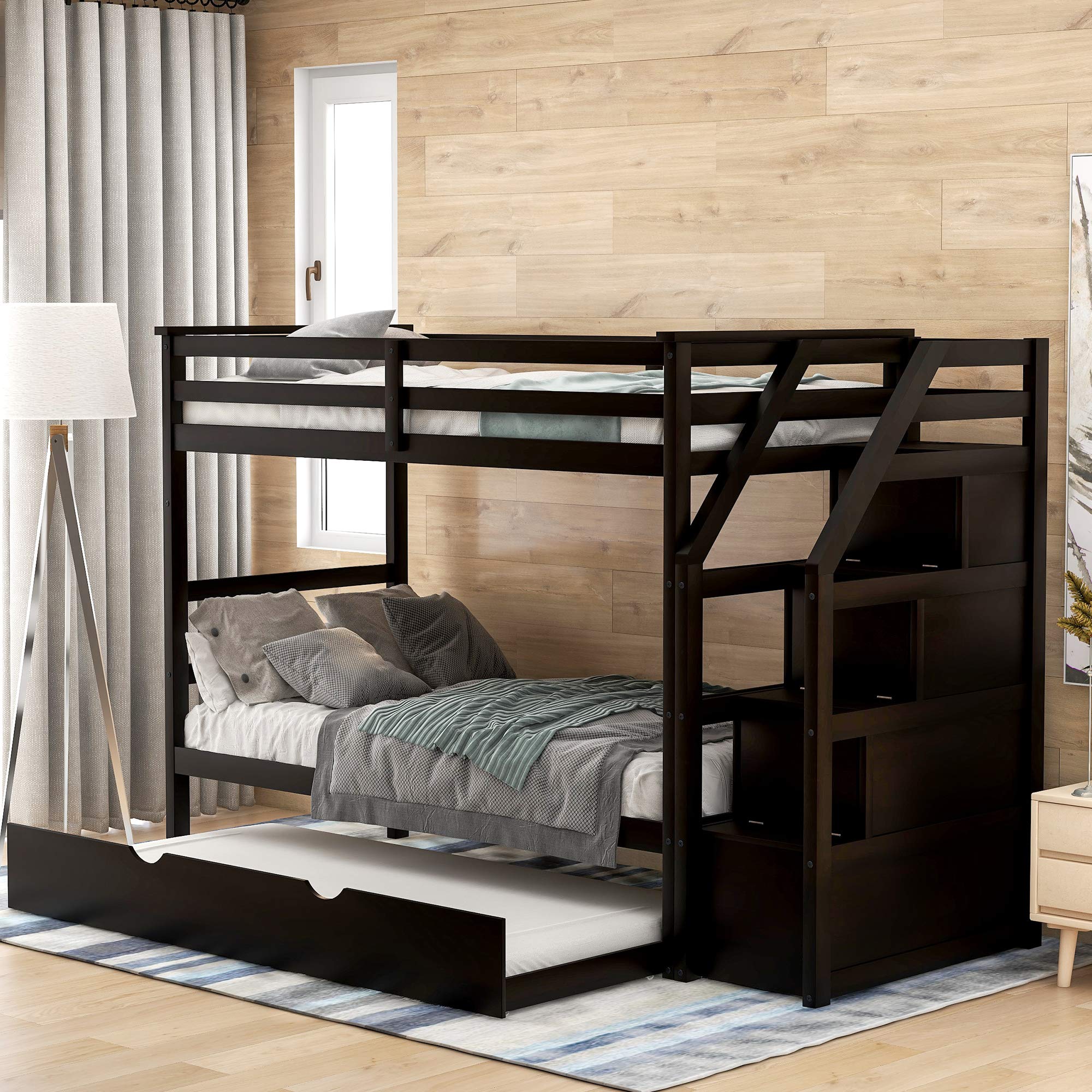 Solid Wood Twin Over Twin Bunk Bed with Trundle & Storage Stairs - Kids Bunk Bed with Safety Guardrail for Children, Teens & Adults - Space-Saving Bedroom Furniture for Small Rooms, Guest Rooms & Vacation Homes (Espresso Finish)