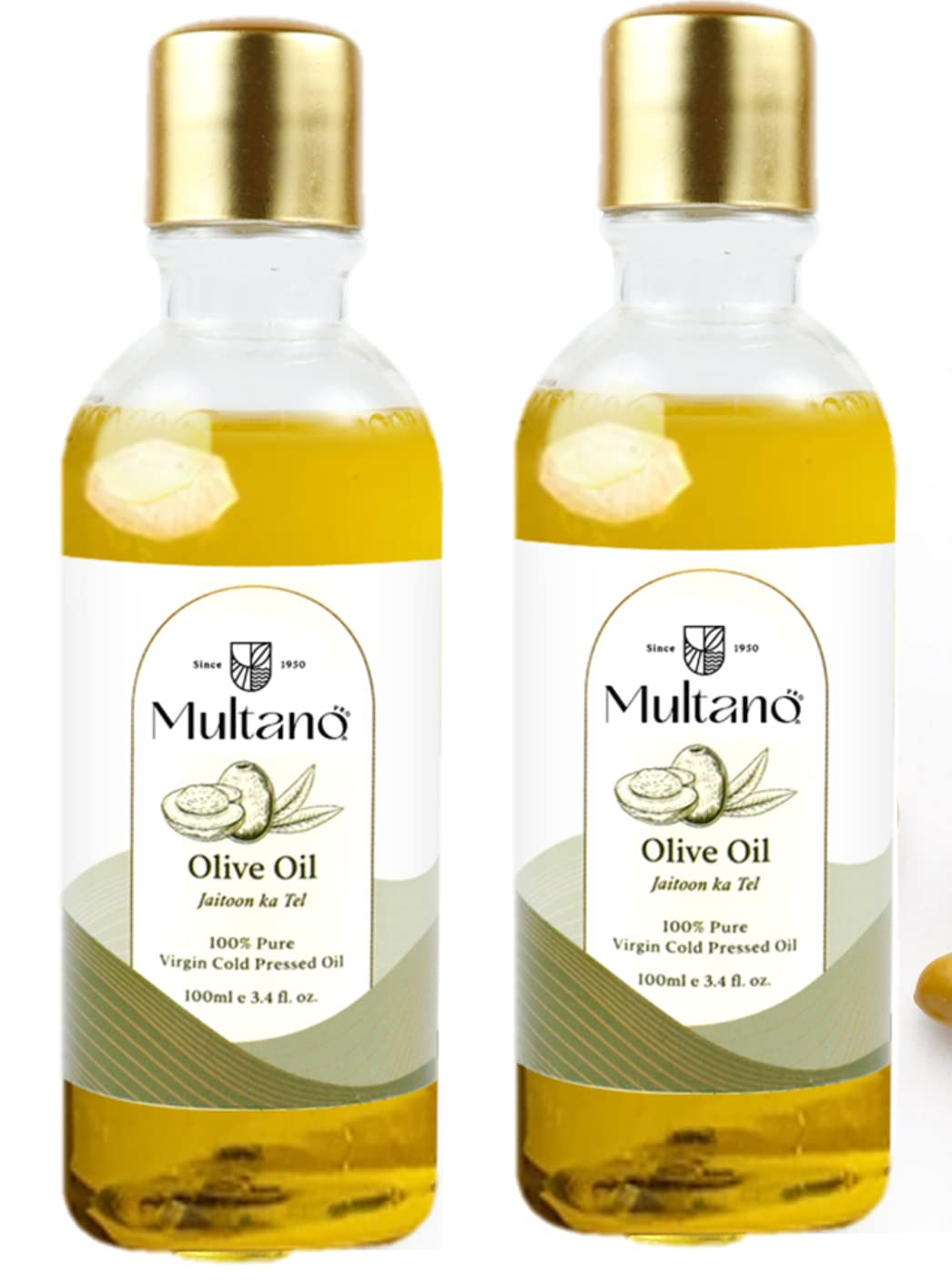 Premium Cold Pressed Extra Virgin Olive Oil - 100% Pure Jaitoon Ka Tel for Hair, Skin & Body Care - 100ml (Pack of 2) - Ideal for Cooking, Salad Dressing & Natural Beauty Treatments