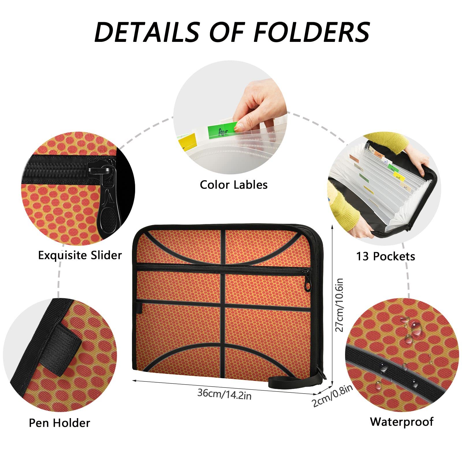 Kcldeci 13-Pocket Expanding File Folder with Zipper Closure - Basketball Texture Accordion Document Organizer for A4/Legal Size Papers - Perfect for Office, School, Home Organization & Document Storage