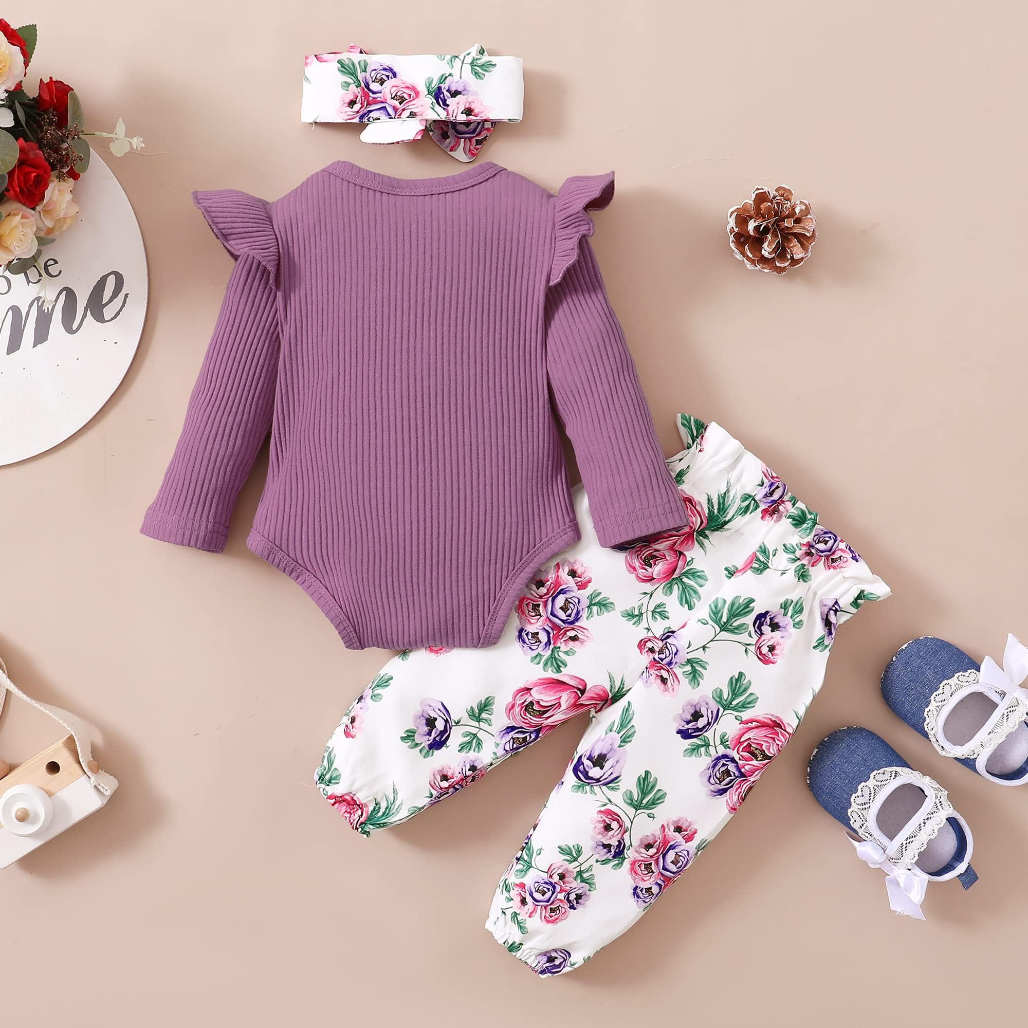 OLLUISNEO Newborn Baby Girl Clothes - Long Sleeve Floral Romper & Pant Set for Infants | Fall Winter Outfits | Perfect for Family Photos, Holiday Gatherings & Daily Wear