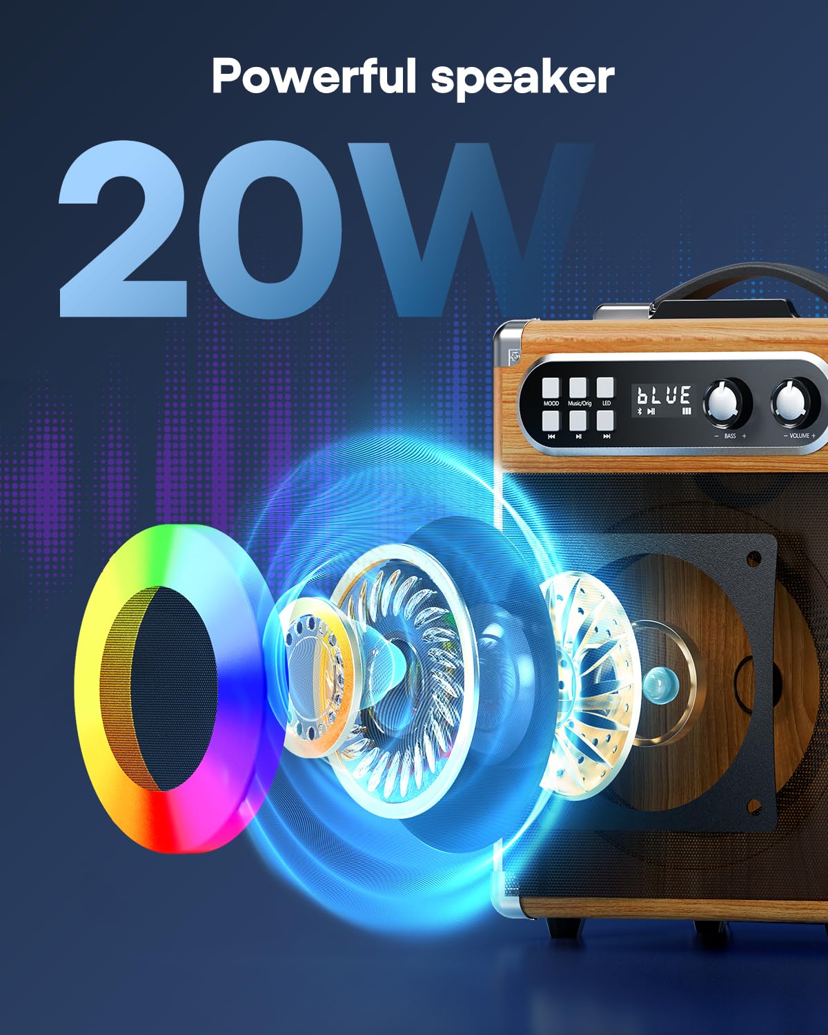 Portable Bluetooth Karaoke Machine with 2 Wireless Microphones - PA System with Bass/Echo Control, LED Lights, TF Card/USB/Aux Input for Home Parties, Indoor/Outdoor Gatherings & Birthday Celebrations (Wood-NT002)