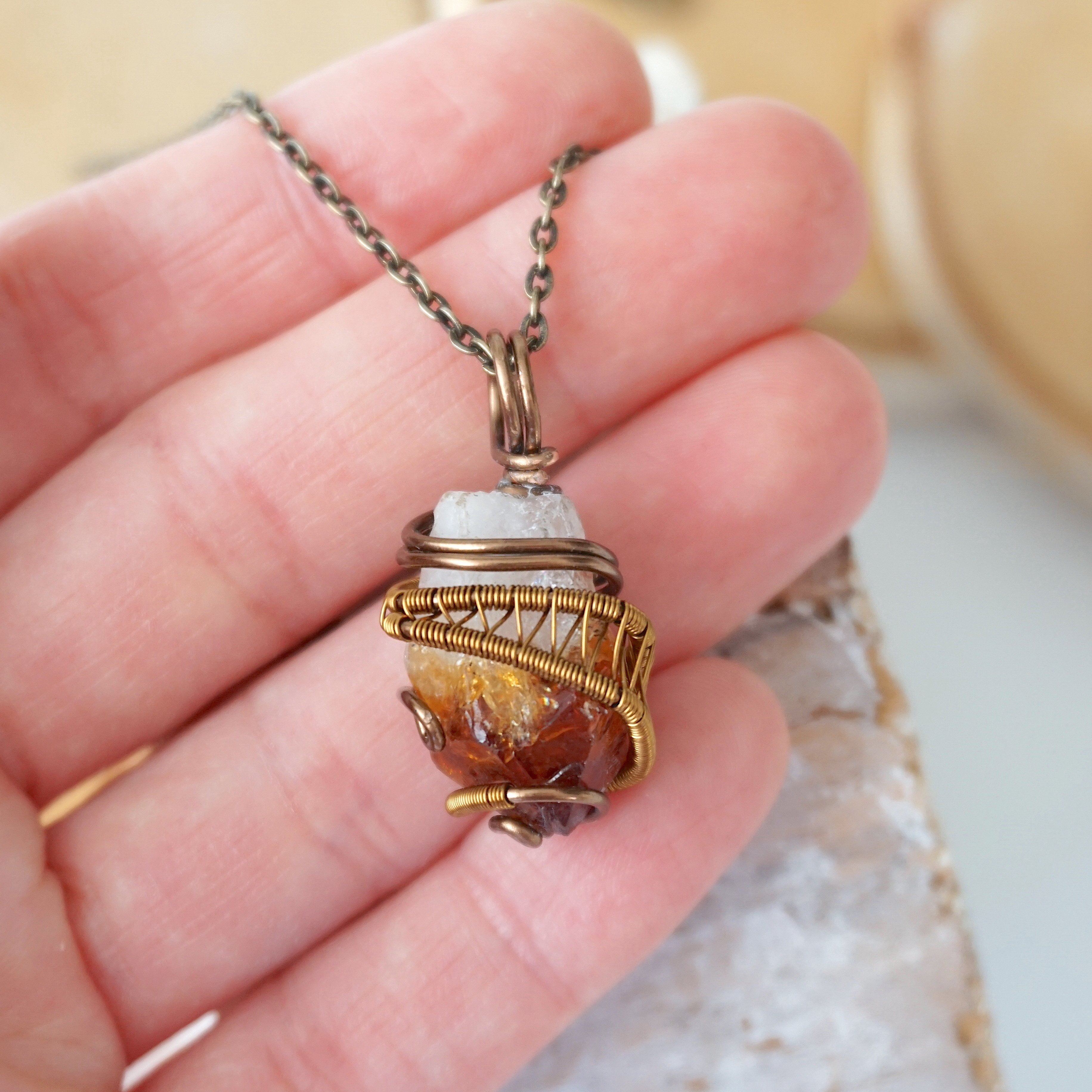 Raw Citrine Crystal Point Pendant Necklace in Antique Bronze - Natural Healing Stone Jewelry for Meditation, Energy Cleansing & Spiritual Protection