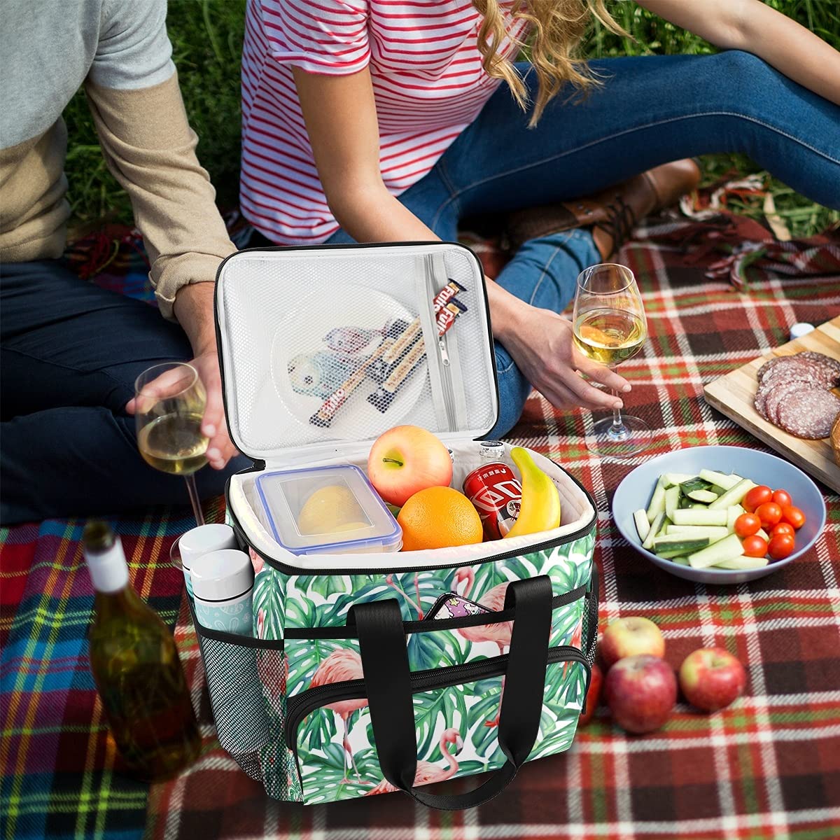 Insulated Cooler Bag with Tropical Pink Flamingo & Palm Leaves Design - Leakproof Picnic, Beach & Lunch Tote for Outdoor Activities, Camping, and Travel