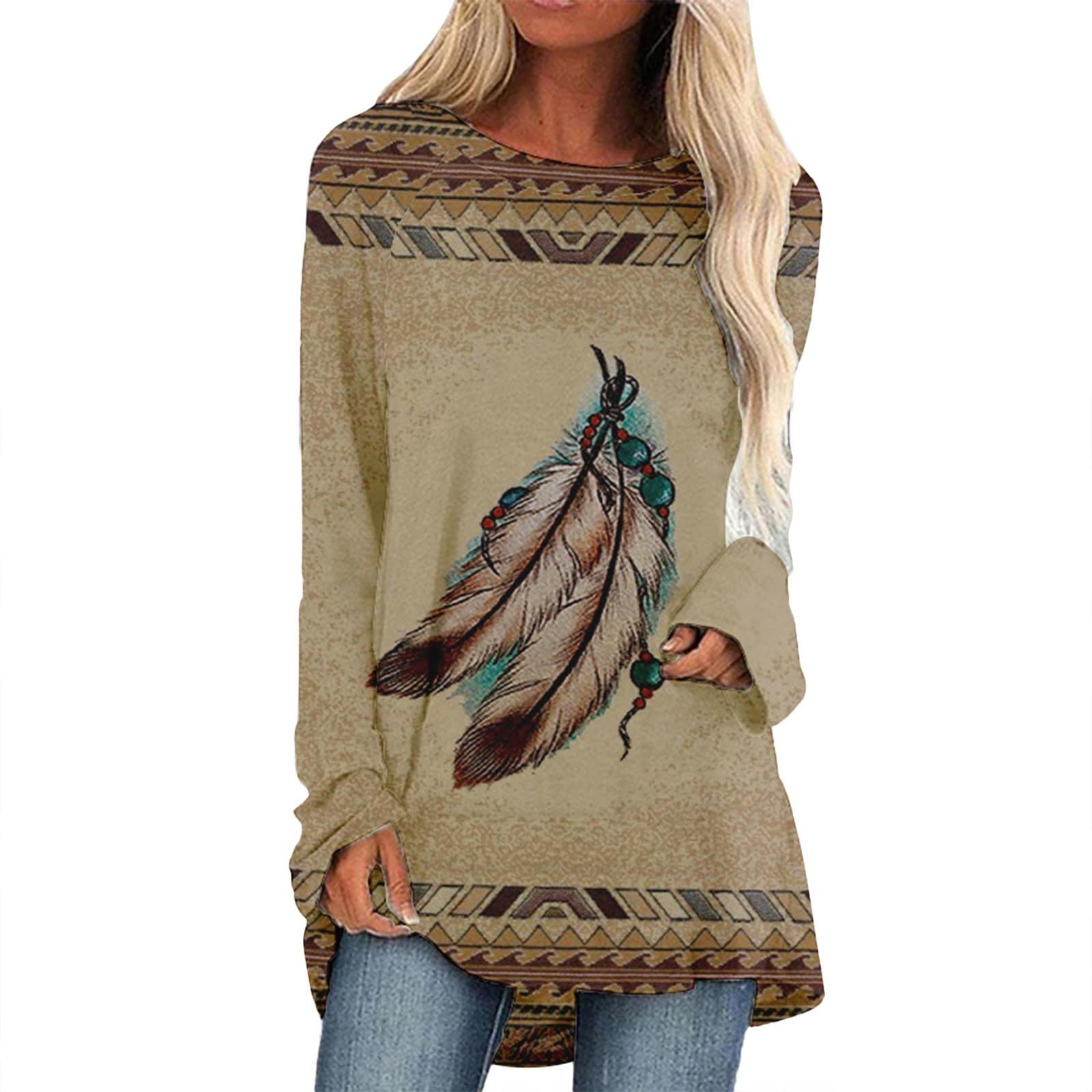 Women's Casual Long Sleeve Ethnic Print Round Neck Blouse - Stylish Boho T-Shirt Top for Everyday Wear | Perfect for Work, Date Night & Weekend Outfits