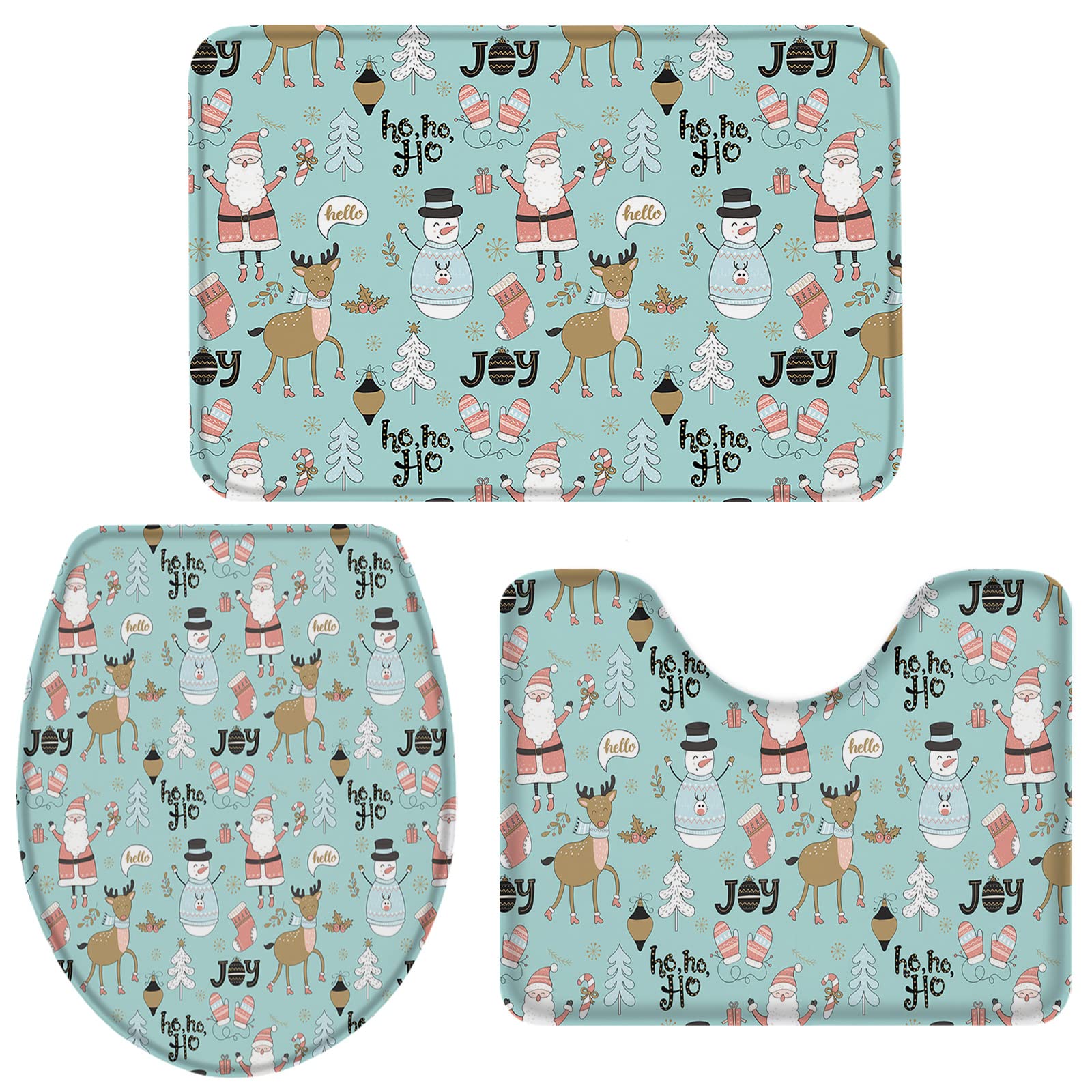 3 Piece Non-Slip Bathroom Rugs Set - Christmas Santa Claus Snowman Reindeer Design, U-Shaped Bath Mat & Toilet Lid Cover, Super Absorbent Bath Mats for Bathroom, Tub & Shower - Perfect Holiday Gift for Home Decor & Cozy Winter Bathroom Upgrade