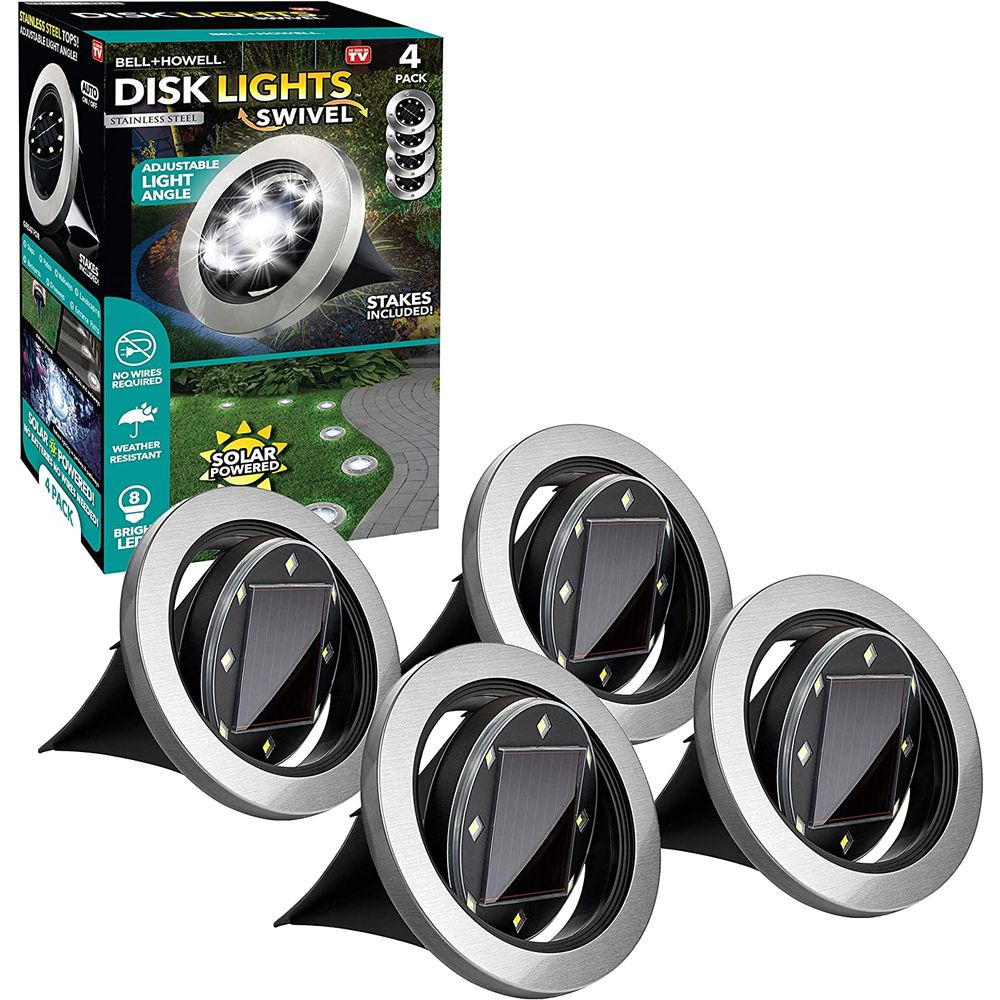 Bell & Howell 7846 Solar Powered Swivel Disk Lights - Outdoor Garden Path Lighting, Set of 4, Weatherproof for Yard, Patio, Deck, and Walkway
