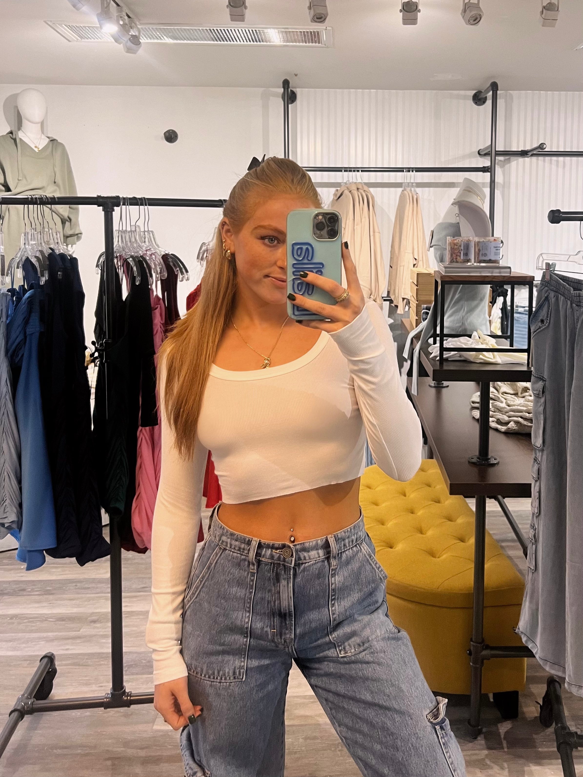 24/7 Cropped Long Sleeve White Baby Tee - Soft Cotton Stretch Fit Women's T-Shirt for Casual Wear, Layering & Street Style Outfits