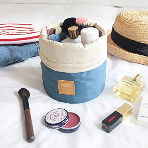 INVODA Large Capacity Waterproof Travel Makeup Bag for Women - Soft Barrel Shaped Cosmetic Organizer with Drawstring, Multifunctional Toiletry Bucket Bag (Blue) - Perfect for Airplane, Gym, Beach & Daily Essentials Storage