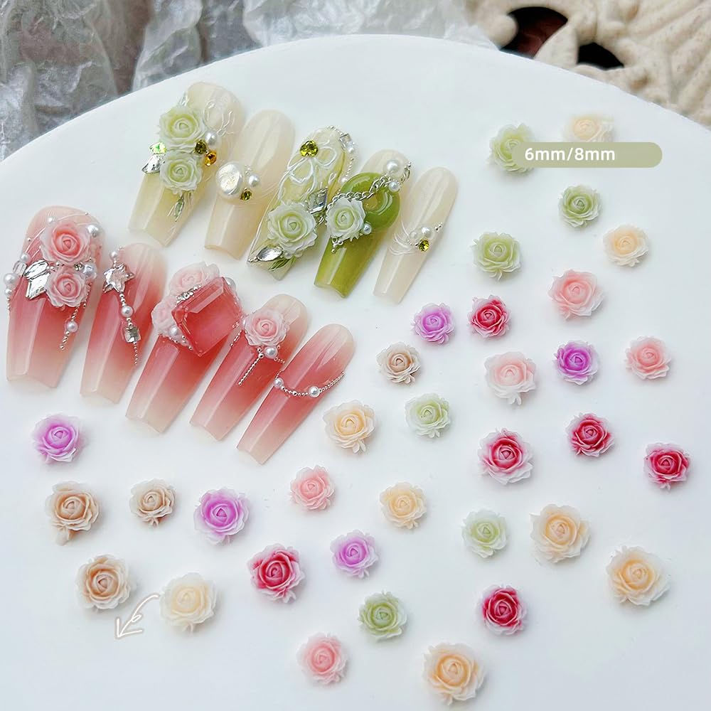 100PCS 3D Flower Nail Charms - Red Pink Purple Green Resin Acrylic Rose Nail Art Decorations for DIY Manicure | Spring & Mother's Day Nail Design for Women & Girls | Perfect for Parties, Weddings, and Special Occasions