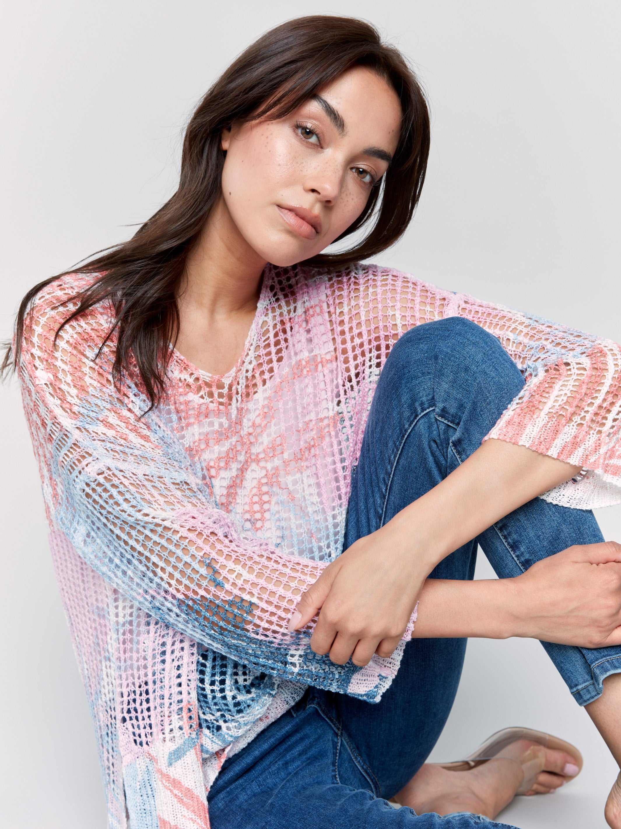 Printed Fishnet Crochet Sweater - Tropical Floral Design | Women's Fashion Top for Beach Vacation & Summer Outfits