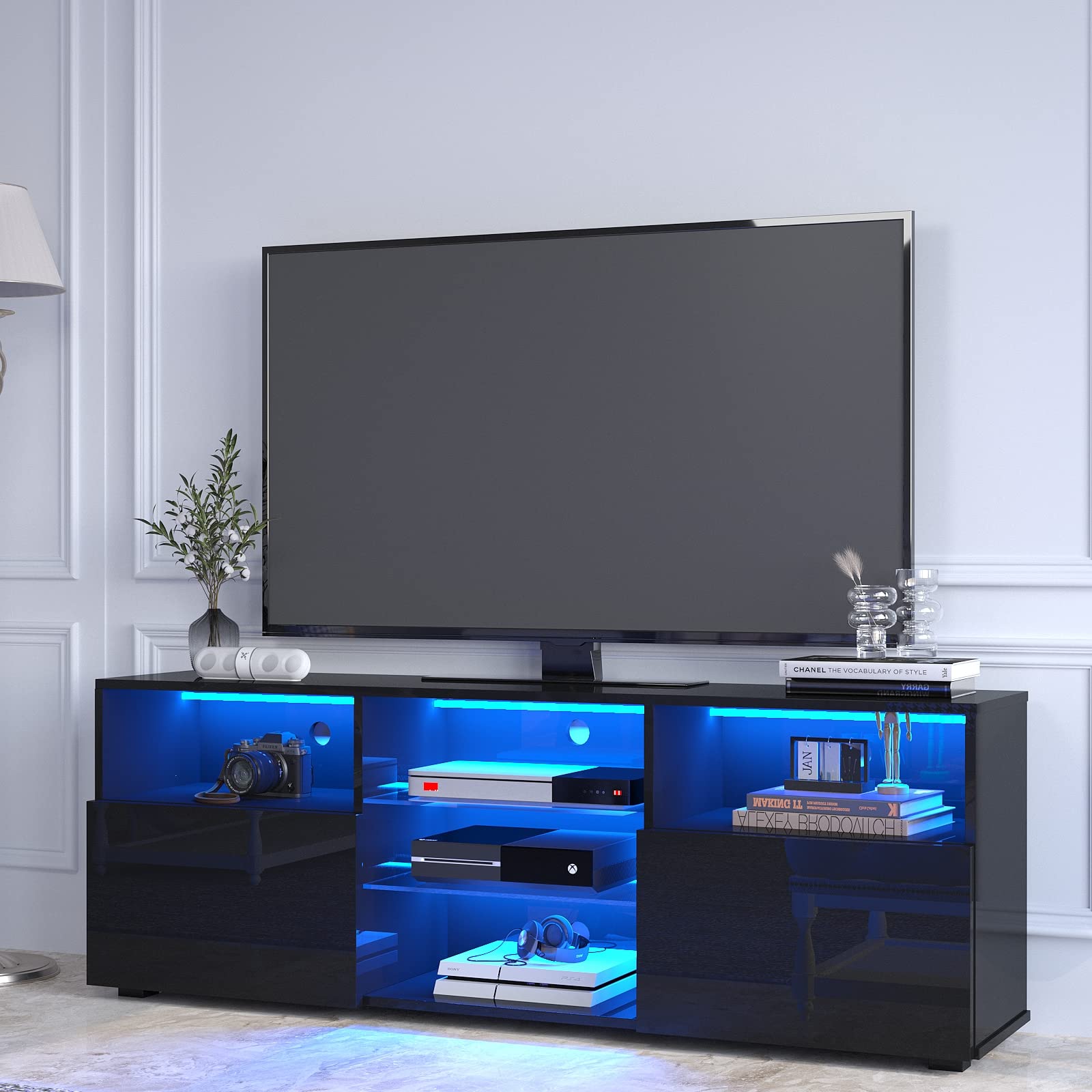 St.Mandyu 60-70 Inch LED TV Stand with Drawers & Ambient Lighting - Modern High Gloss Entertainment Center for Living Room, Bedroom & Game Room - Black Media Console for Smart TVs & Home Theater Setup