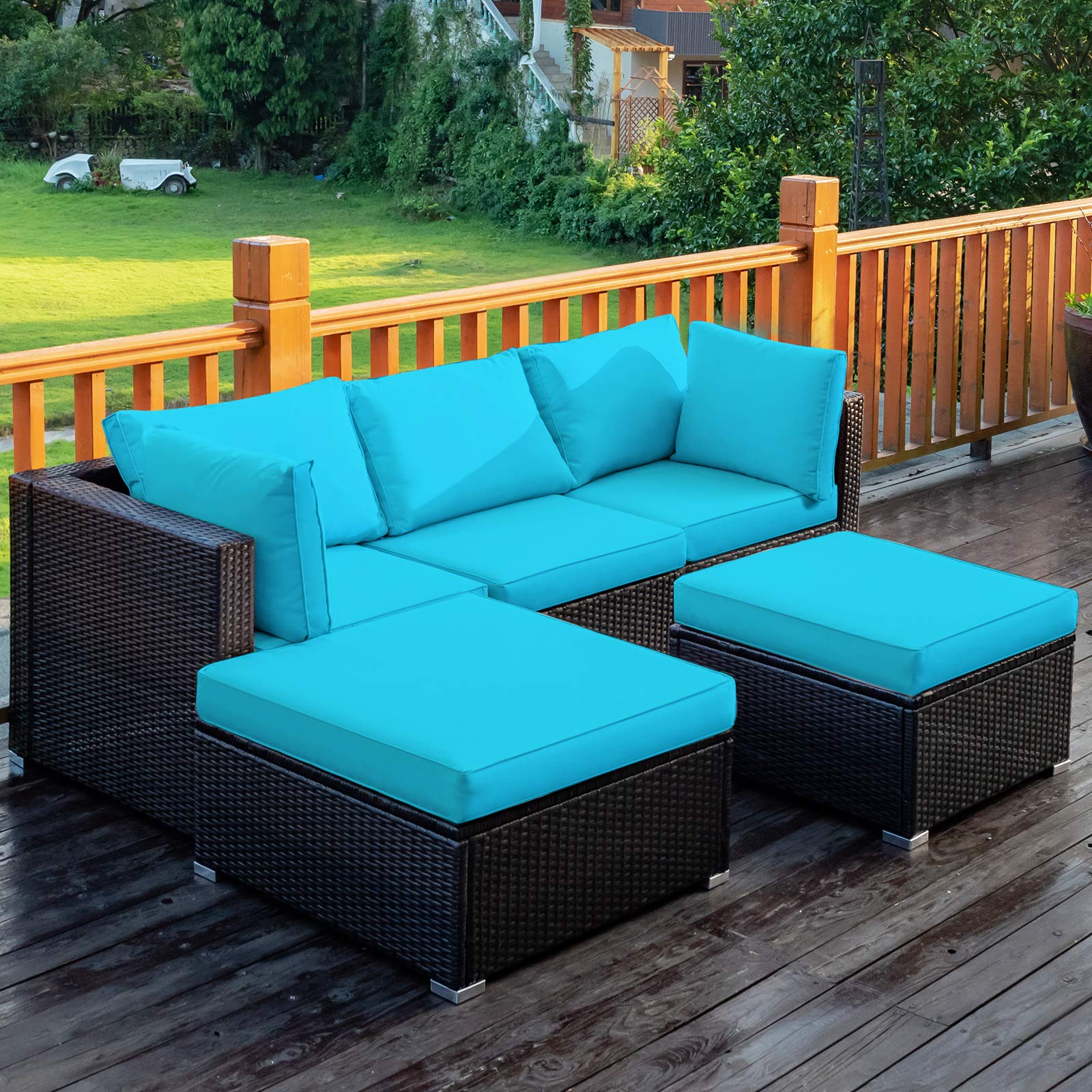 COSTWAY 5-Piece Outdoor Patio Furniture Set - PE Rattan Sectional Sofa with Cushions & 2 Ottomans, Waterproof Garden Conversation Set for Backyard, Deck, Poolside (Turquoise Blue) | Perfect for Outdoor Relaxation & Entertaining