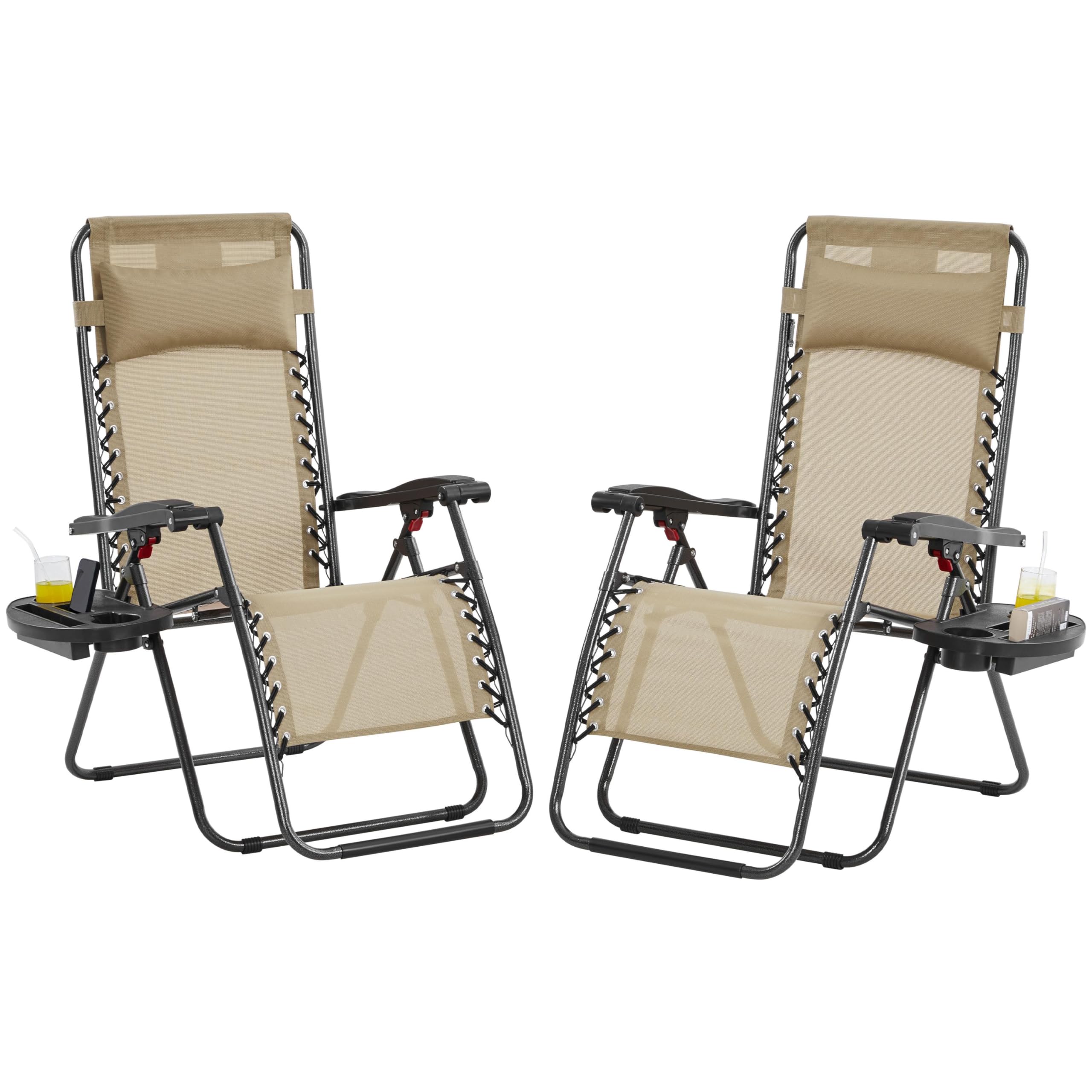 Yaheetech Zero Gravity Recliner Chairs Outdoor - Adjustable Folding Lounge Chairs with Pillows, Cup Holders & Carry Strap - Patio, Backyard, Beach, Poolside Relaxation - Beige Set of 2
