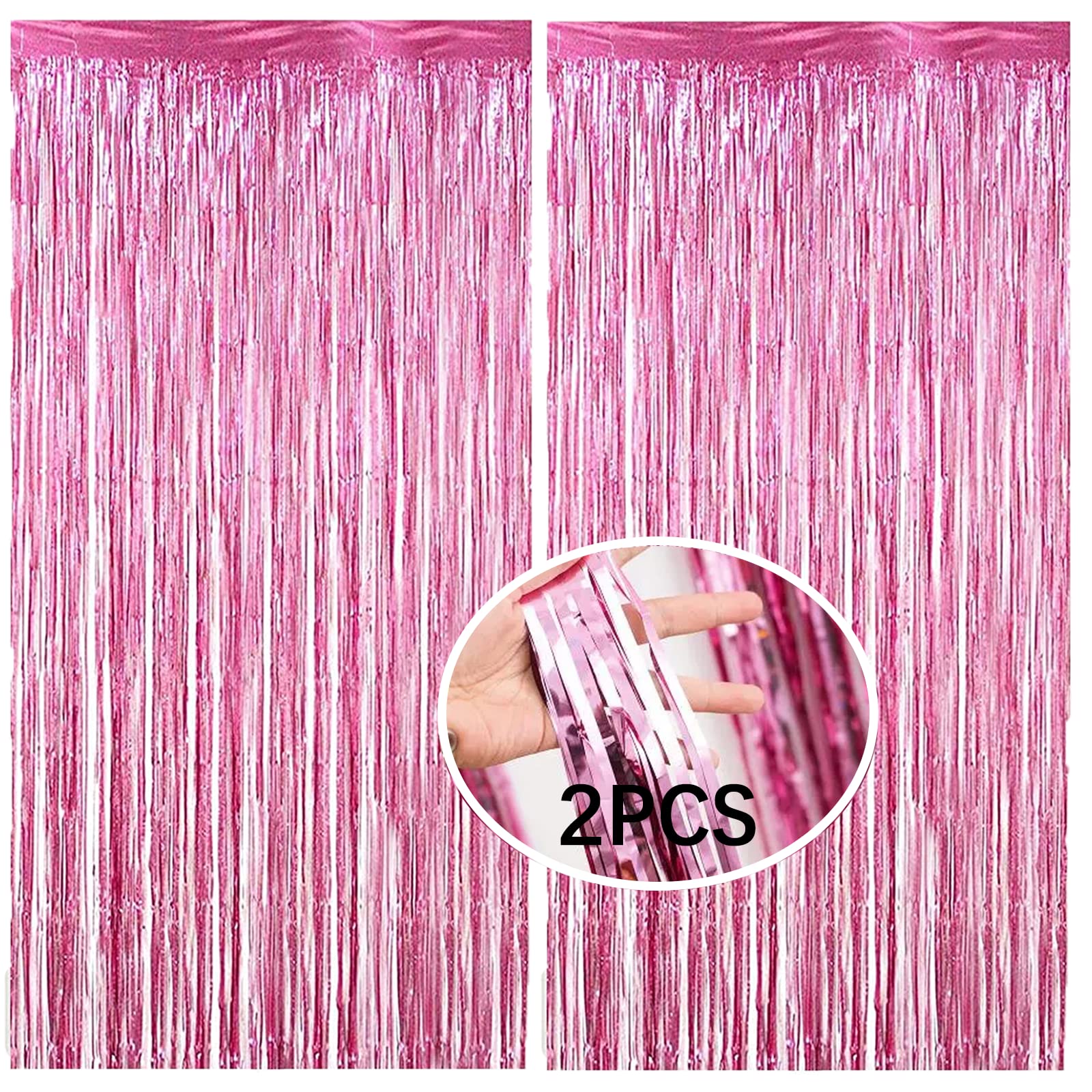 2Pcs Pink Tinsel Foil Fringe Curtains - 3.3ft x 8.3ft Party Backdrop Decor for Birthday, Wedding, Baby Shower | Photo Booth Streamers, Door Decorations & Festive Event Background