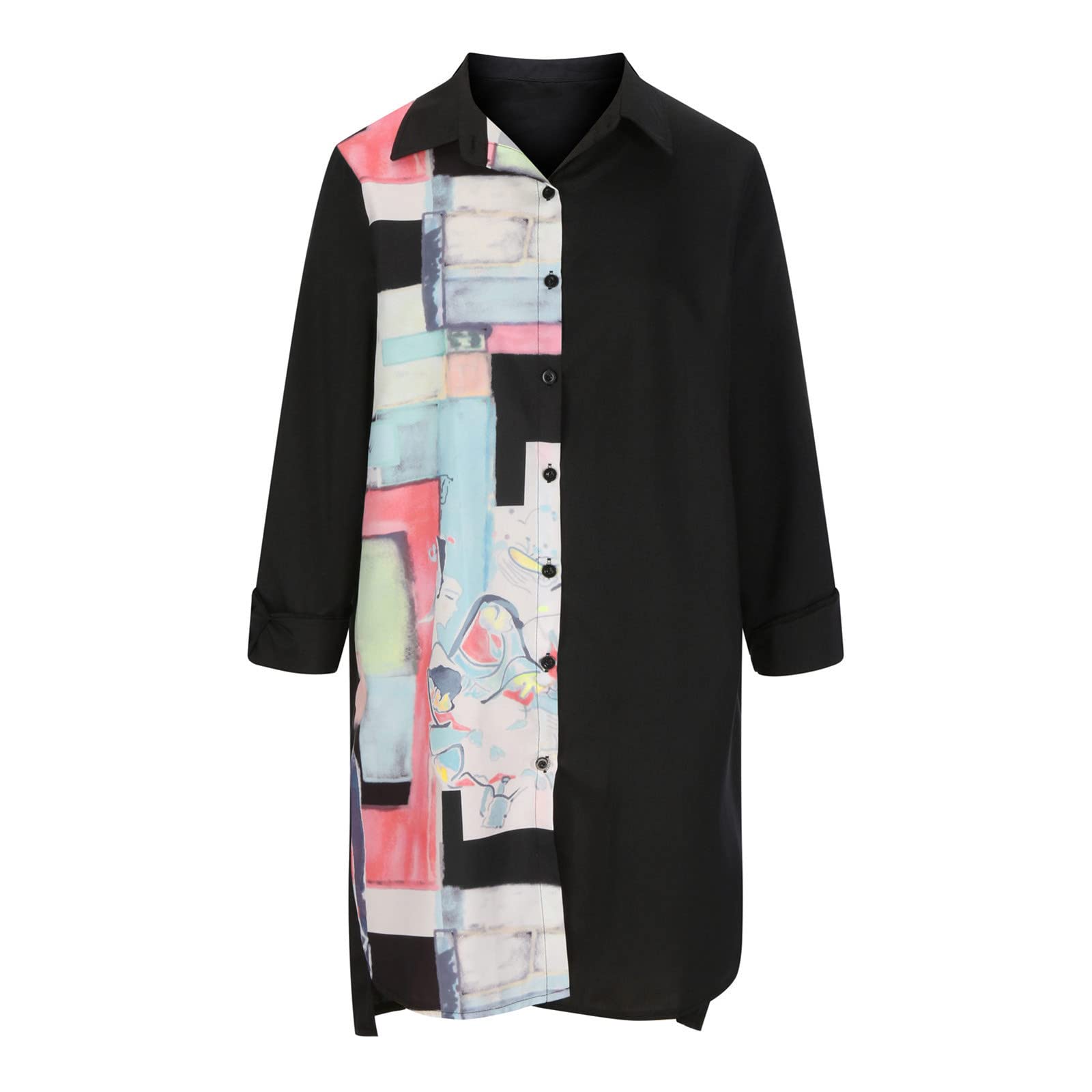 YOG Women's Casual Summer Shirt Dress - Turn-Down Collar Long Sleeve Printed Loose Fit Comfortable Button Down Dress for Work, Date & Vacation