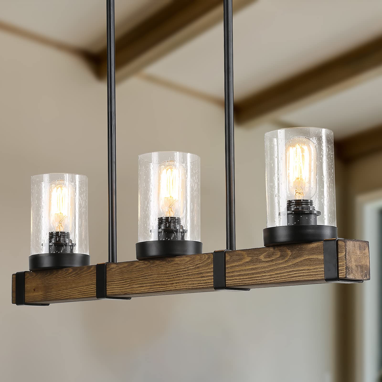 Farmhouse Chandelier - 3-Light Wooden Linear Pendant Light with Seeded Glass Shade for Dining Room & Kitchen Island Lighting (25.6 Inch) - Perfect for Rustic, Industrial & Modern Home Decor