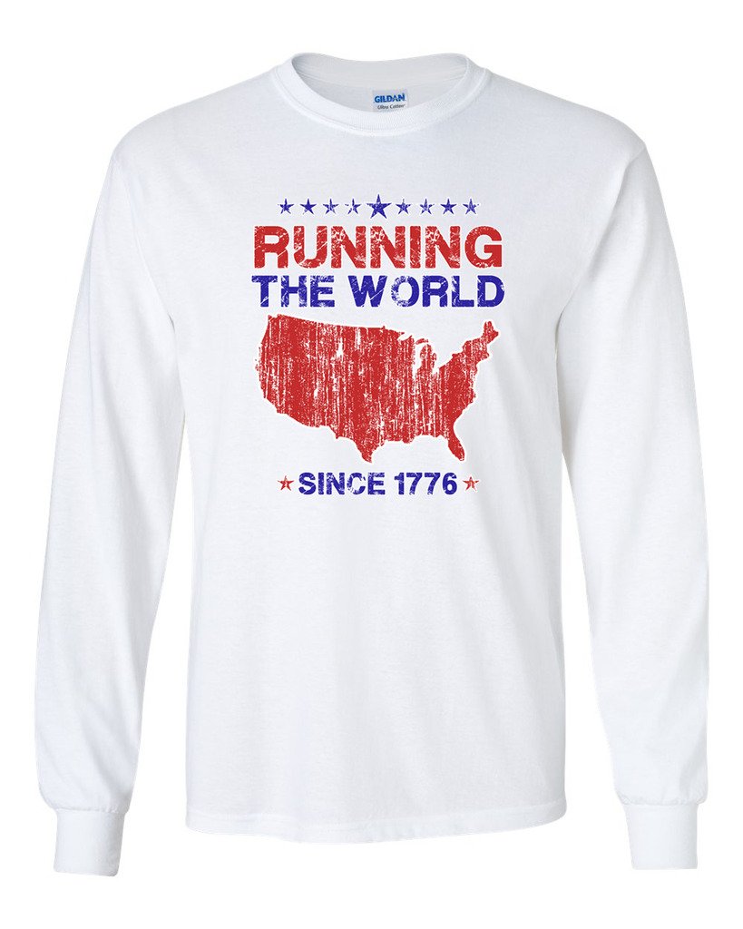 Long Sleeve Patriotic T-Shirt for Men & Women - 'Running The World Since 1776' American Flag Design - Comfortable Cotton Tee for Casual Wear, Workout & Outdoor Activities