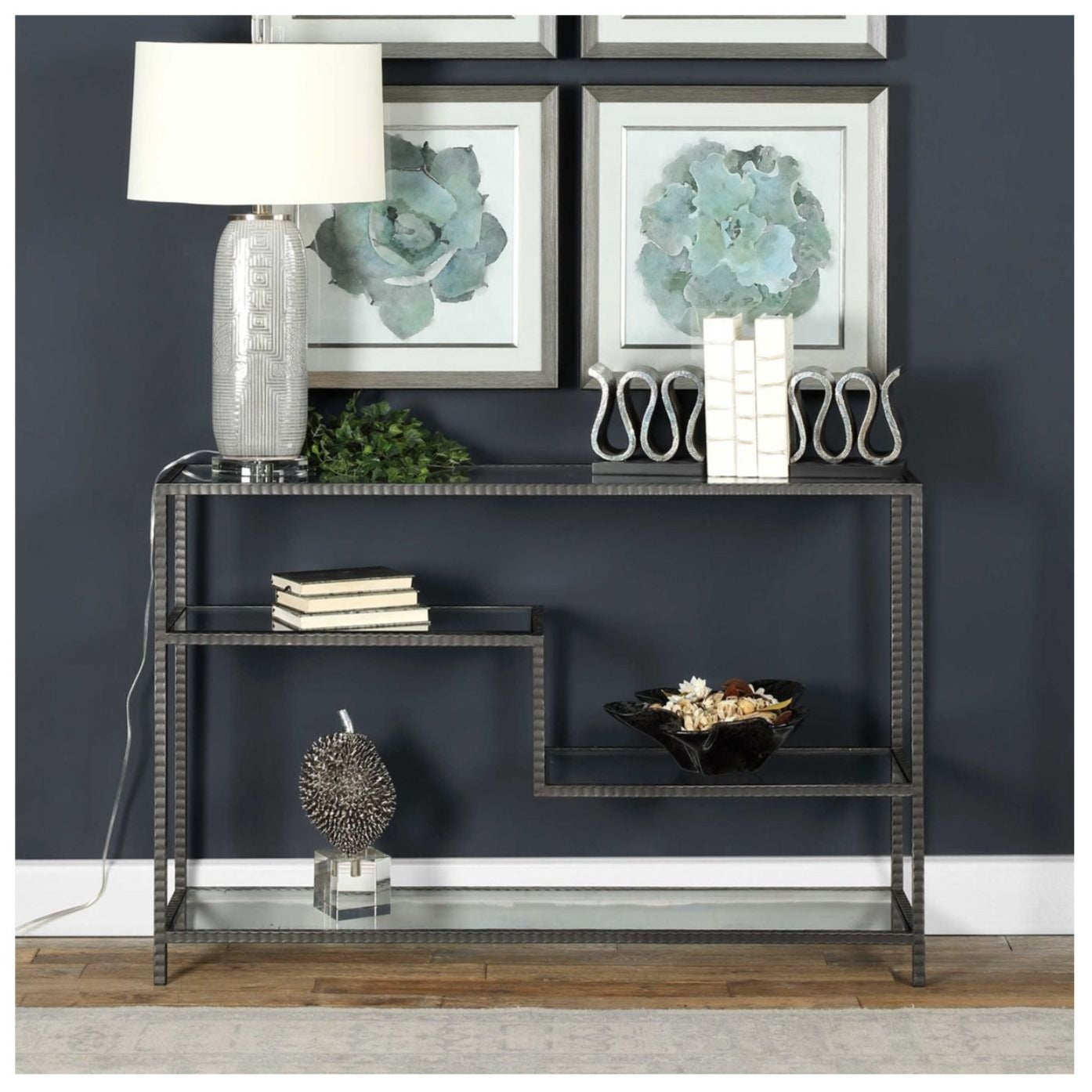 Industrial Iron and Glass Table 52x12x34 Inches - Modern Dining Table for Restaurant, Cafe, and Home Decor