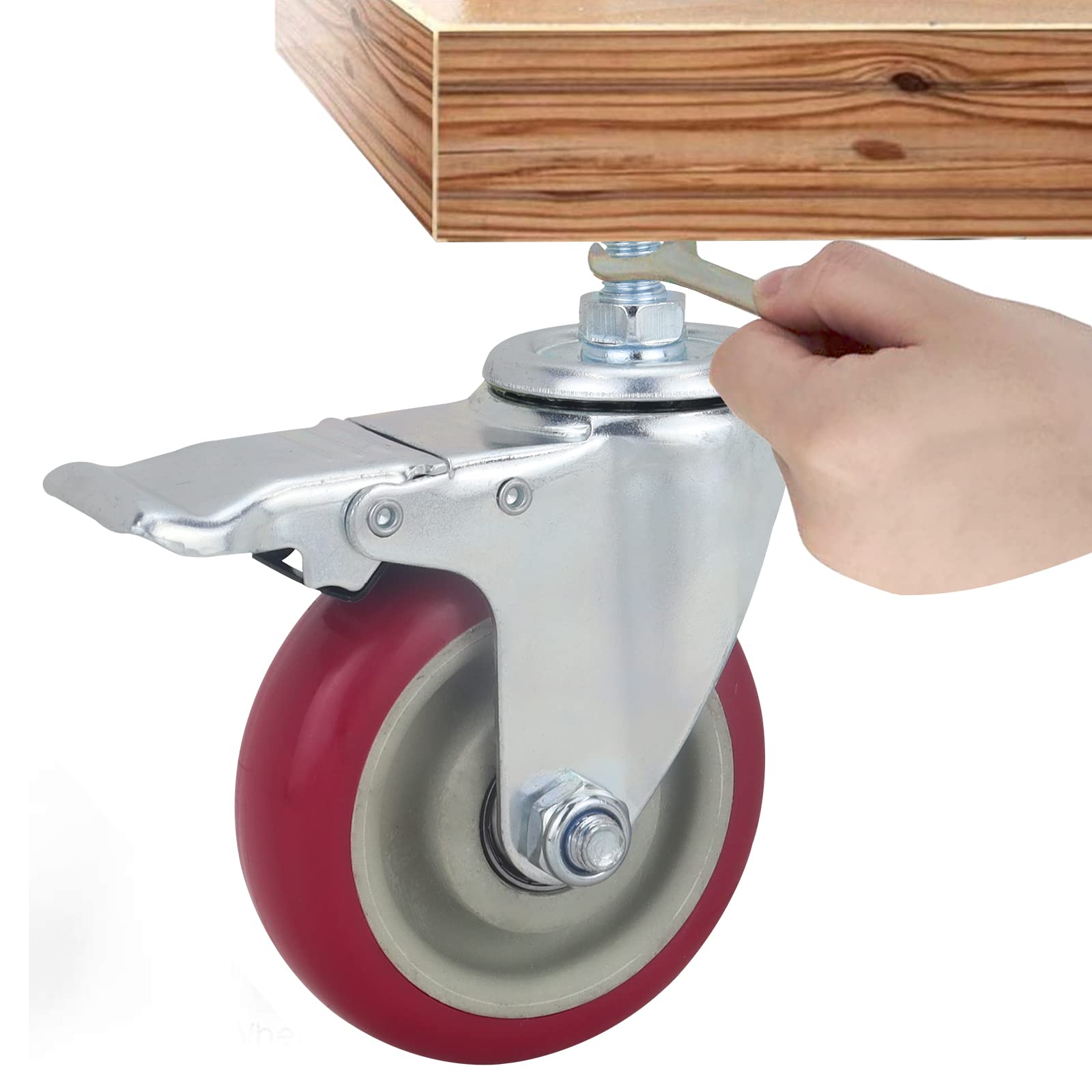 Heavy Duty Stem Casters with Brake - 4 Inch PU Swivel Wheels Set of 4, M12x30mm with Nut & Wrench - Quiet No Noise Rollers for Furniture, Workbenches, and Industrial Equipment