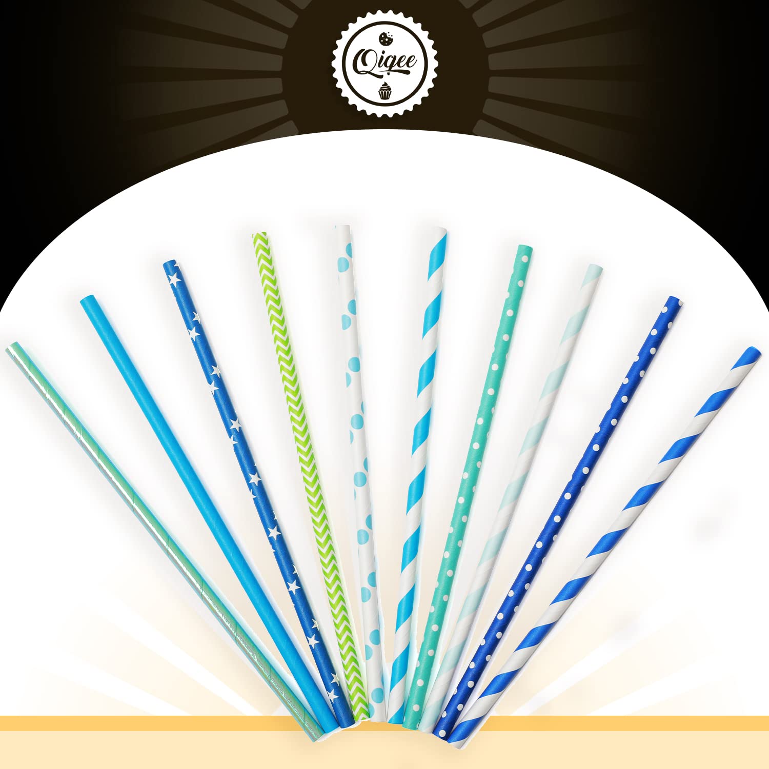 Eco-Friendly Blue Paper Drinking Straws - 150pcs Biodegradable Disposable Straws Bulk (10 Fun Patterns) - Perfect for Parties, Weddings & Eco-Conscious Events