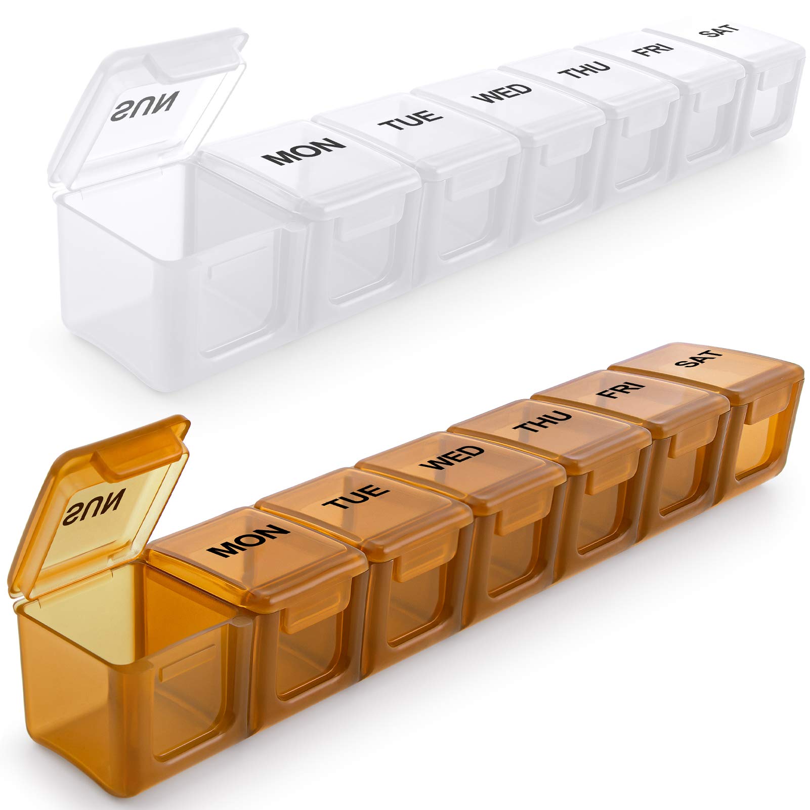 **BUG HULL 7-Day Pill Organizer (2 Pack) – Extra Large Travel Pill Box for Vitamins, Supplements & Medications – Weekly Medicine Case (Brown & White) – Perfect for Travel, Home & Daily Use**
