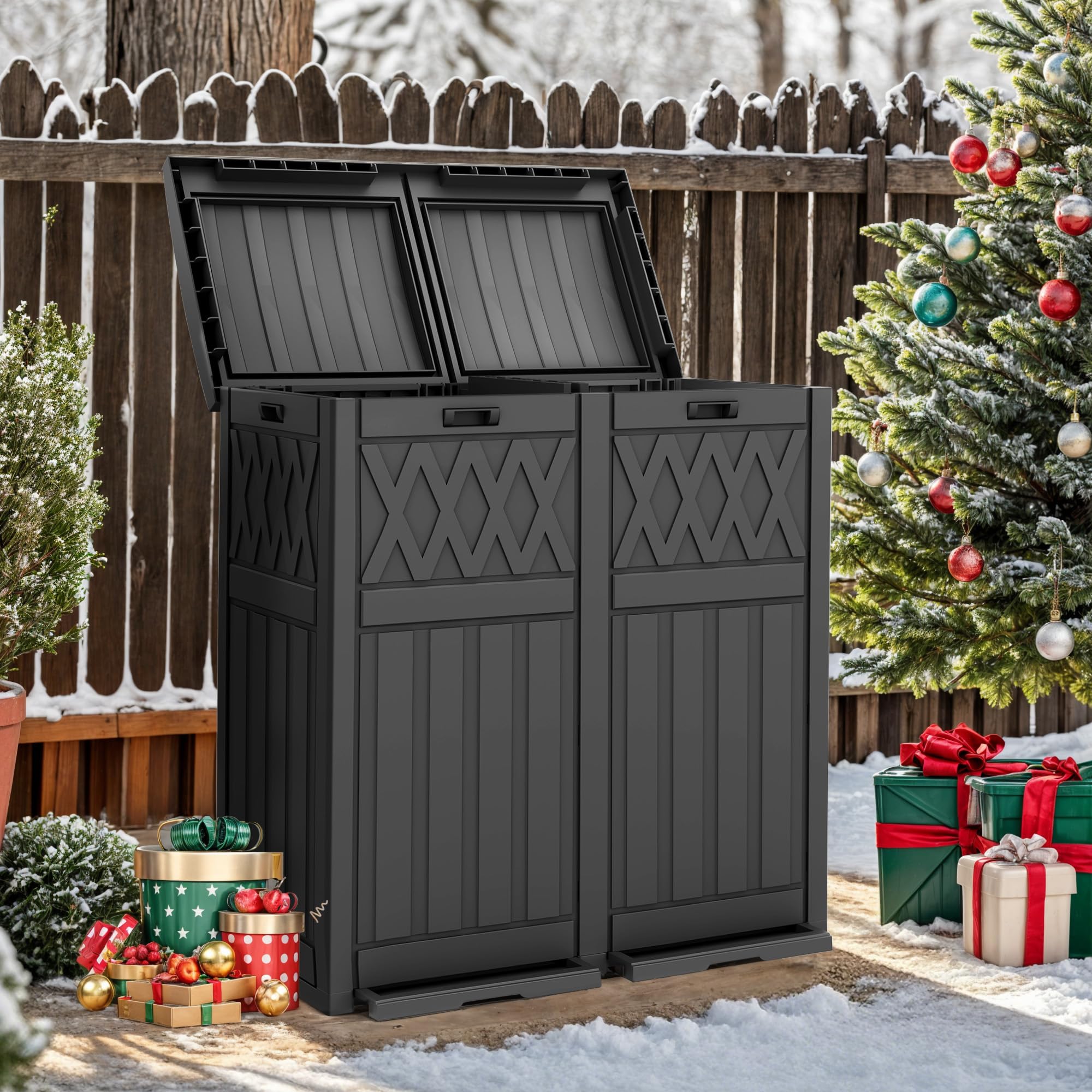 DWVO 66 Gallon Outdoor Trash Can with Lid - Waterproof Resin Double Bin Garbage Can with Drip Tray - Perfect for Patio, Deck, Backyard & Kitchen Waste Management - Black